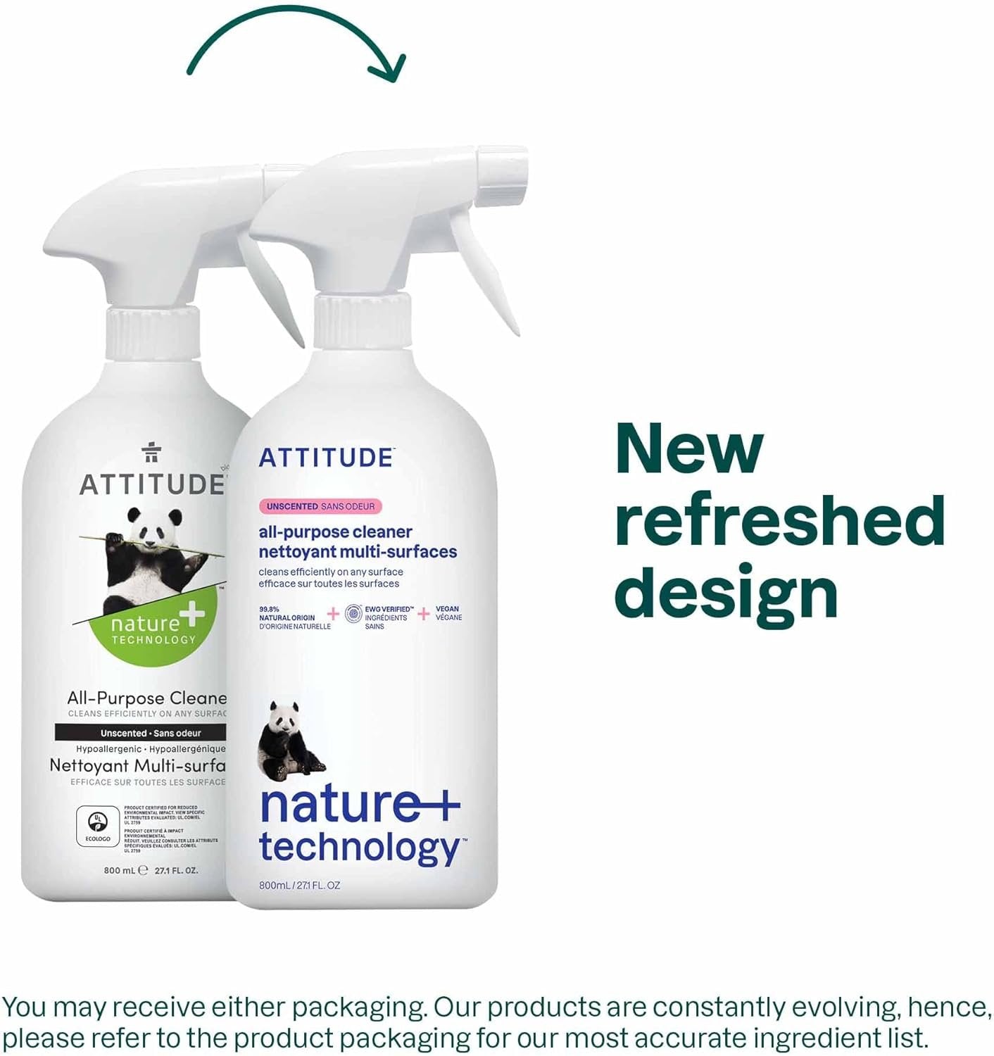 ATTITUDE All Purpose Cleaner, Made in Canada, EWG Verified Multi-Surface Products, Vegan, Multipurpose Cleaning Spray, Unscented, 800 mL