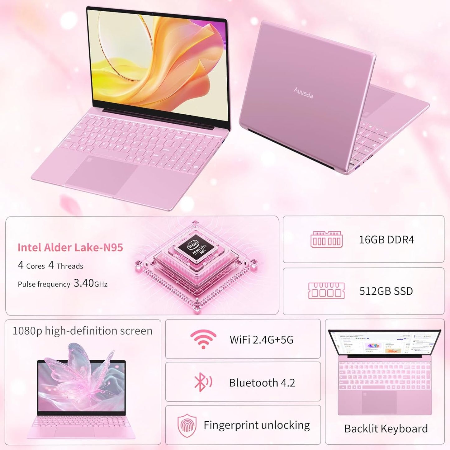 Auusda 15.6 Inch Full HD Laptop, 32GB DDR4 RAM 1TB SSD, N95 Up to 3.4GHz with Fingerprint Unlock Notebook, Cooling Fan, Webcam, Dual Speakers, Mini HDMI, Student/Business Laptop - Pink