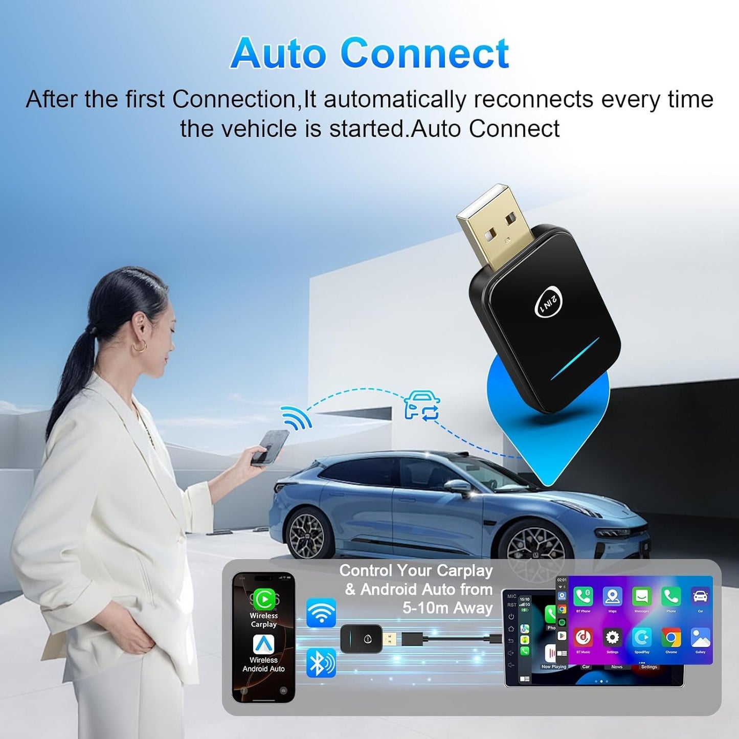2 in 1 Wireless Carplay Adapter for iPhone, Android Auto Wireless Adpater, Plug & Play USB CarPlay Wireless Stick, Convert Wired Android Auto/Carplay to Wireless for Android 11+/iOS 10+ Phones