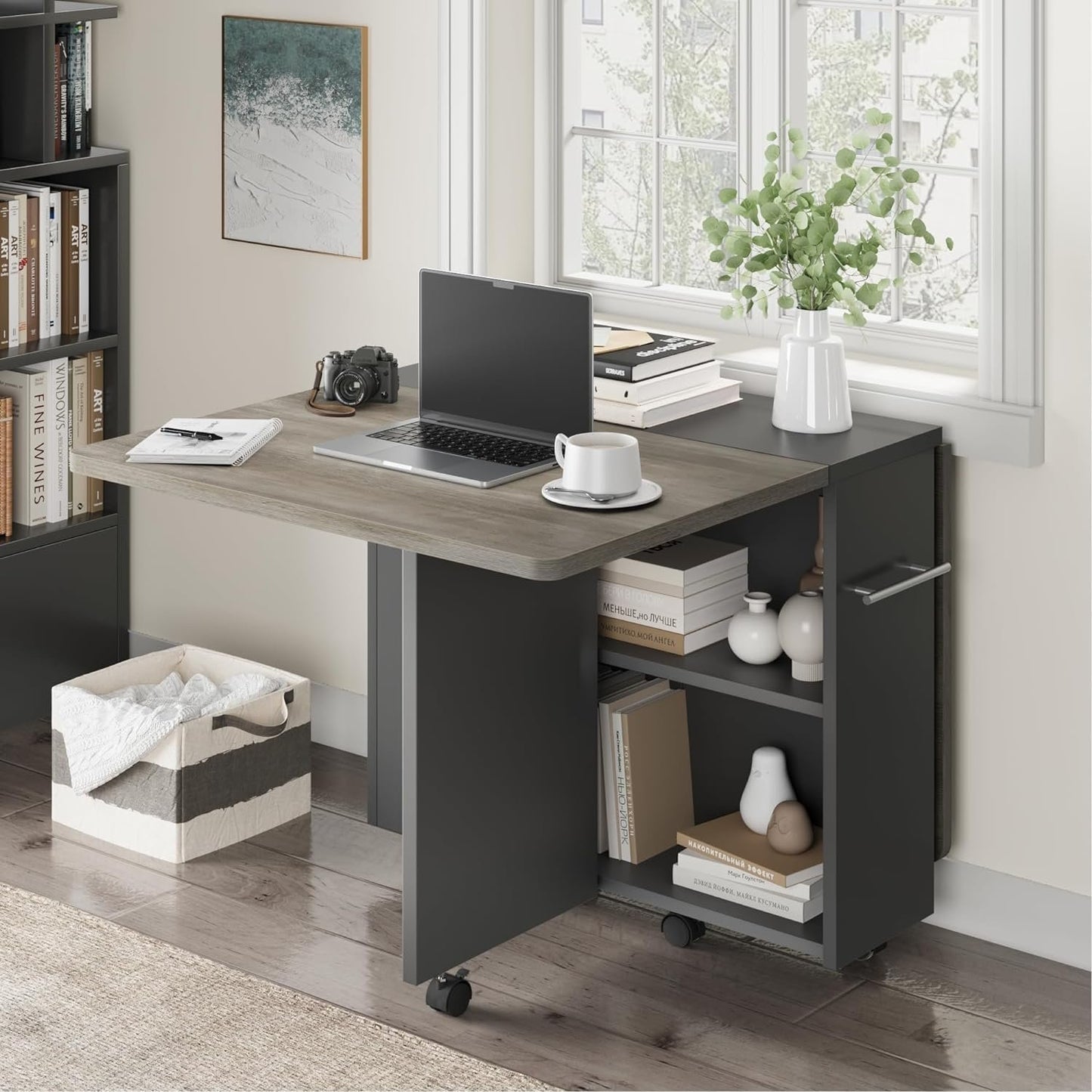 Space Saving Folding Dining Table with 2 Tier Storage-Extendable Drop Leaf Farmhouse Kitchen Dining Room Tables Set for 4, Collapsible Expandable Rectangle (Carlo Grey, 47.2" D x 23.6" W x 29.5" H)