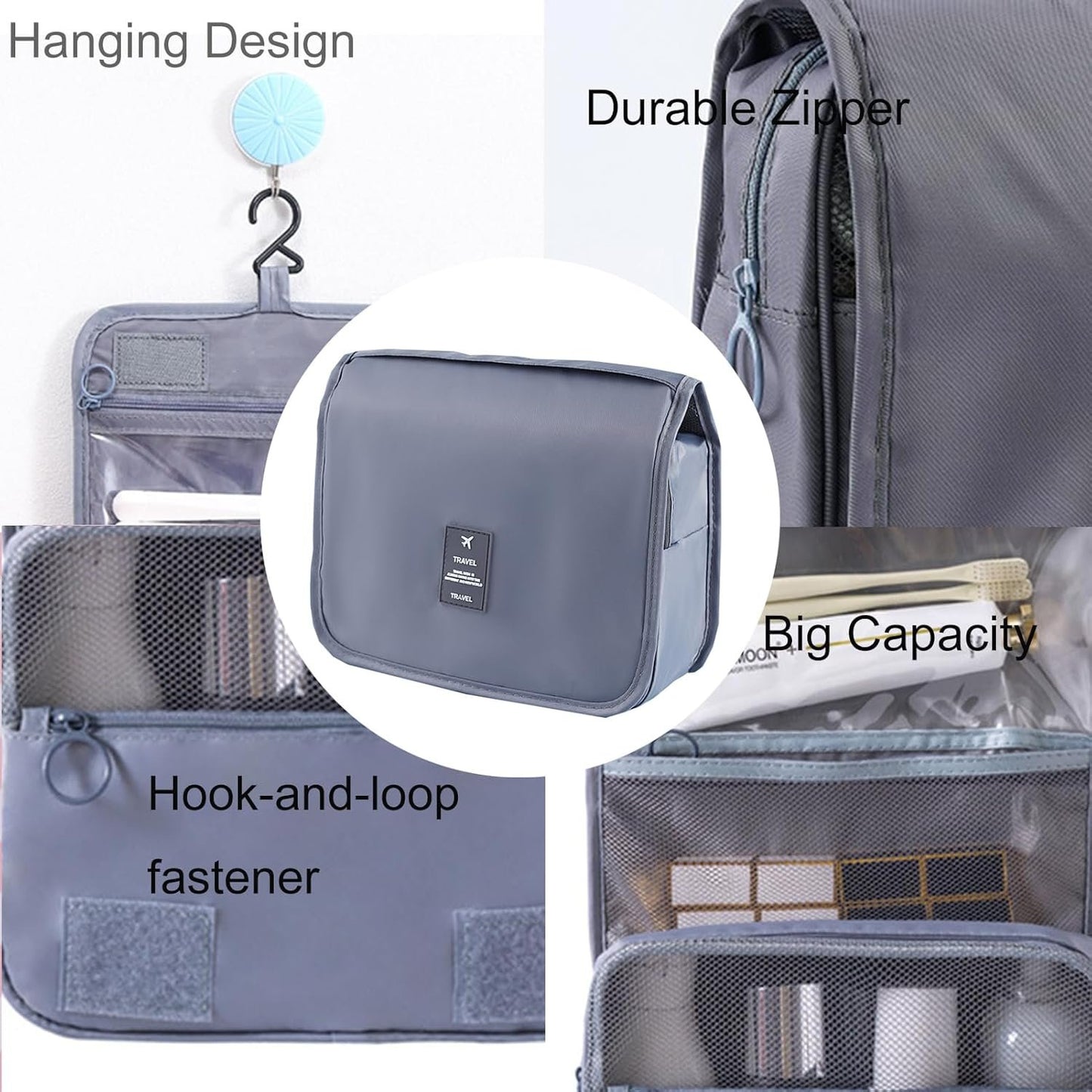 Yeegras Travel Toiletry Kit Bag for Women, Hanging Hygiene Toiletry Bag with Multi-Pockets, Toiletry Bag for Traveling Easy Clean, Travel Organizer Bag Gray, Simple