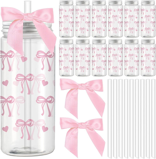 24 Pcs Pink Bow Plastic Bottle with Lid Twist Bow and 8 Straws,14oz Cute Drinkware for Women, Coquette Bow Bottle for Women Birthday Party Bridal Shower Wedding Supplies Decorative Bottles
