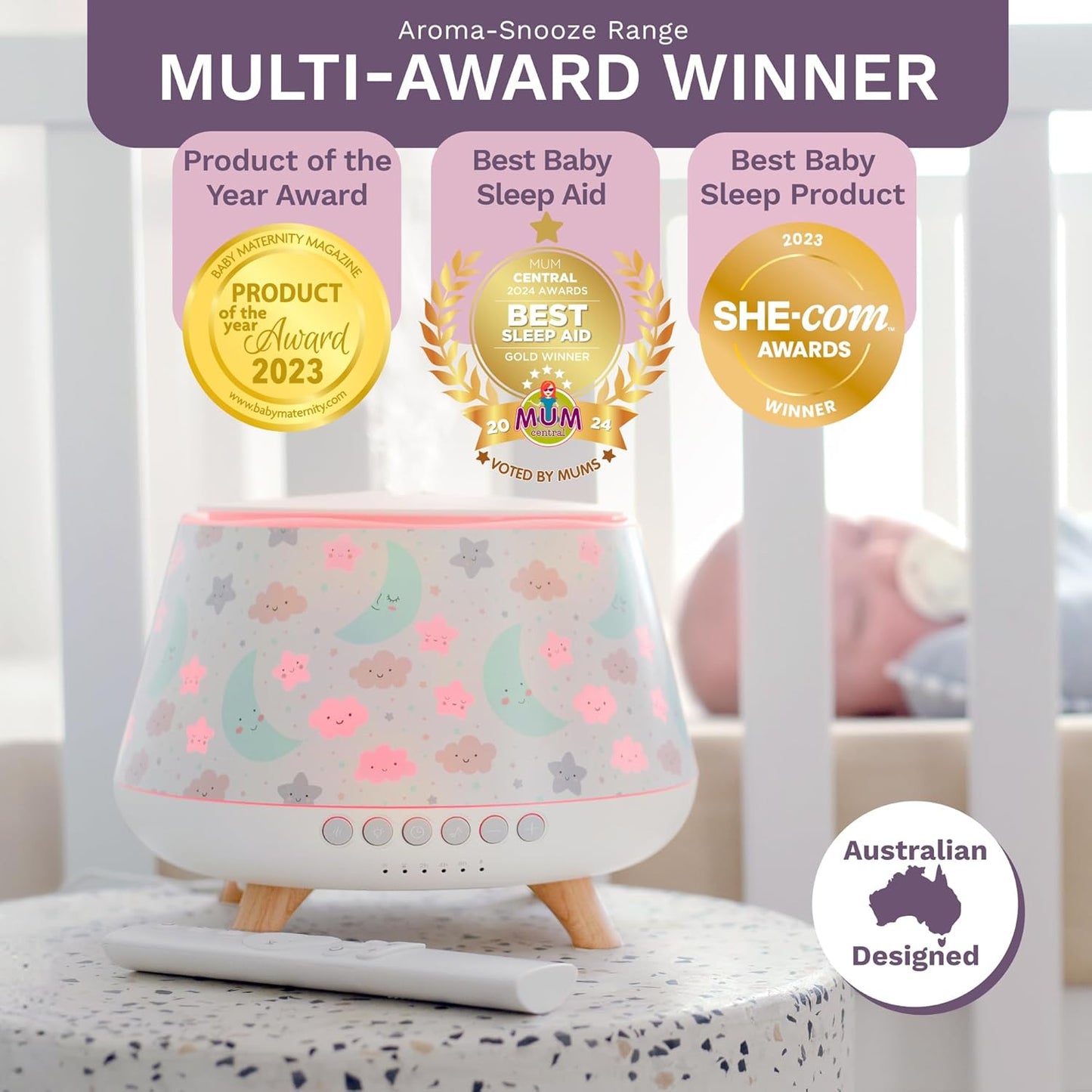 Aroma-Snooze Plus Aromatherapy Oil Diffuser & Humidifier - Advanced 8-in-1 Baby Sleep Aid, Large 500ml Capacity, 6 Built-in Sounds, Voice Recorder, Bluetooth, 3X Changeable Covers & Remote Control