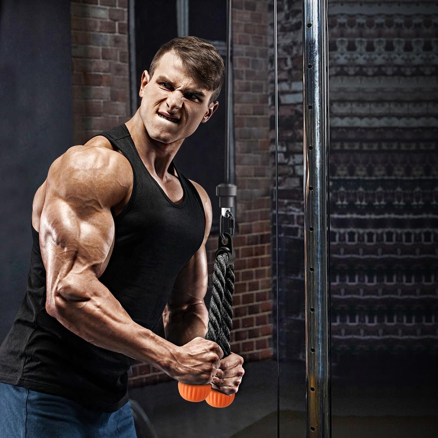 SELEWARE Triceps Rope with Non-Slip Soft Rubber Ends Home Gym Cable Attachment Workout Accessories 28 & 36 inches Long LAT Pulldown Attachment Black and Orange