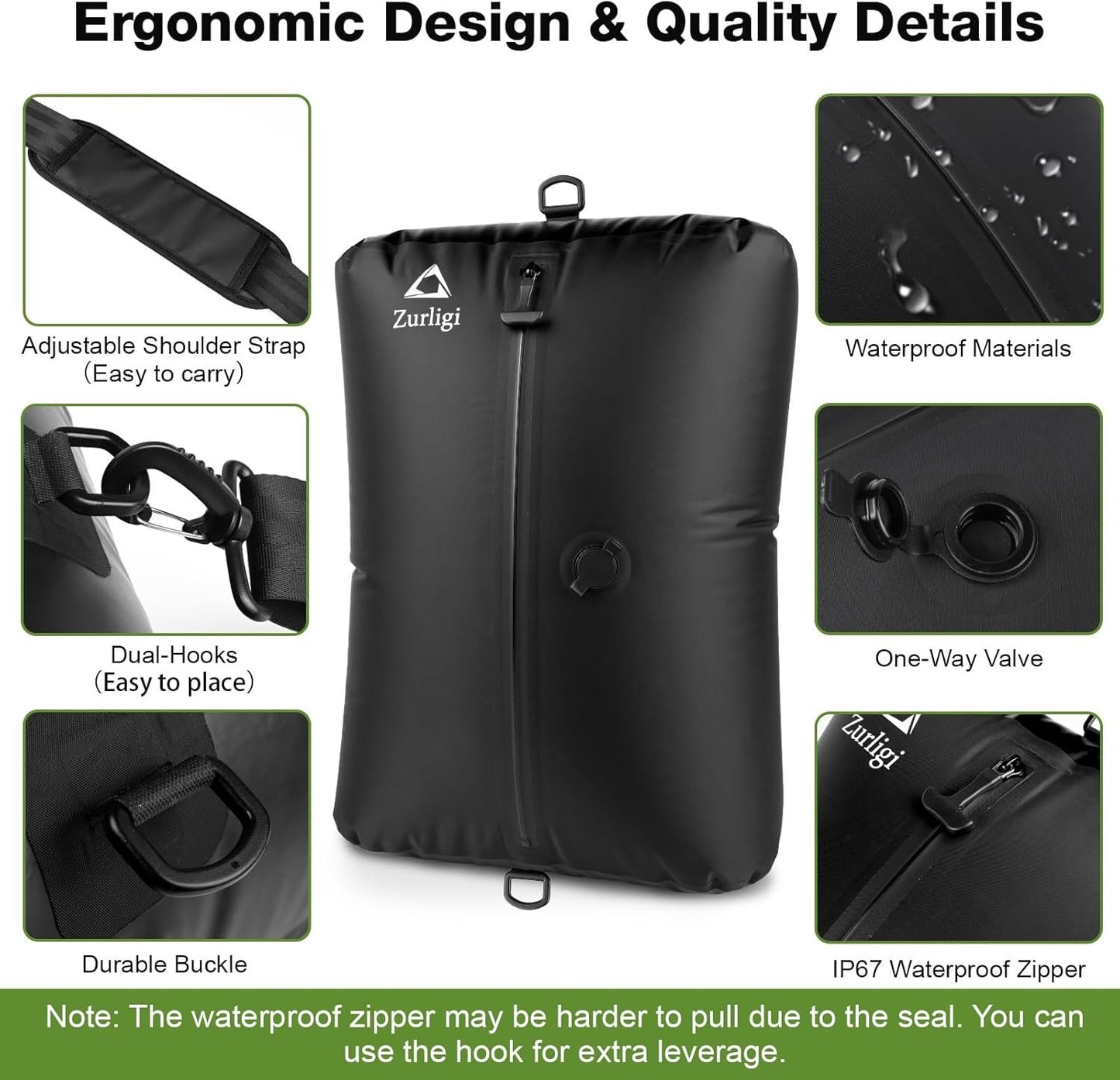 Zurligi Vacuum Bags for Travel with Pump, 40L Vacuum Compression Bag with Adjustable Shoulder Strap, IP67 Reusable Vacuum Packing Cubes for Luggage, Backpack, Suitcase, Yoga, Swim, Beach (2 PCS Black)