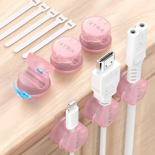 IXTRA 6 Pack Spring Cable Cips Upgrade Rotatable Cord Organizer Desk Cable Management Adhesive Phone Charging USB Wire Holder for Nightstand Office Wall Pink