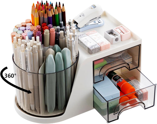Moikiwi Desk Organizer, 360-Degree Rotating Pen Holder for Desk, Desk Organizers and Accessories with 6 Compartments Pencil Organizer, Art Supply Storage Box Caddy for Office, Home (White)