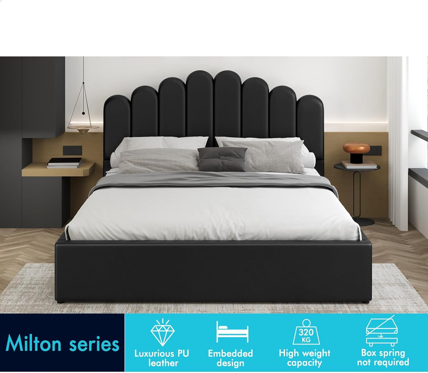 ALFORDSON Bed Frame with Gas Lift Storage Base Queen Size, Bed Platform Foundation with PU Leather Upholstered Tufted Headboard for Mattress Topper, Milton Black