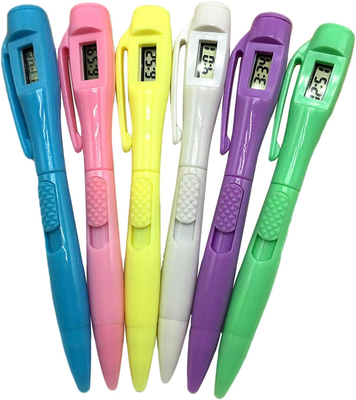 6pcs Ballpoint Pen with Electronic Watch 0.5MM Fine Point Pen with Time Clock for Examing, Writing and Note Taking, School Stationery Supplies(Blue+White+Green+Pink+Purple+Yellow)