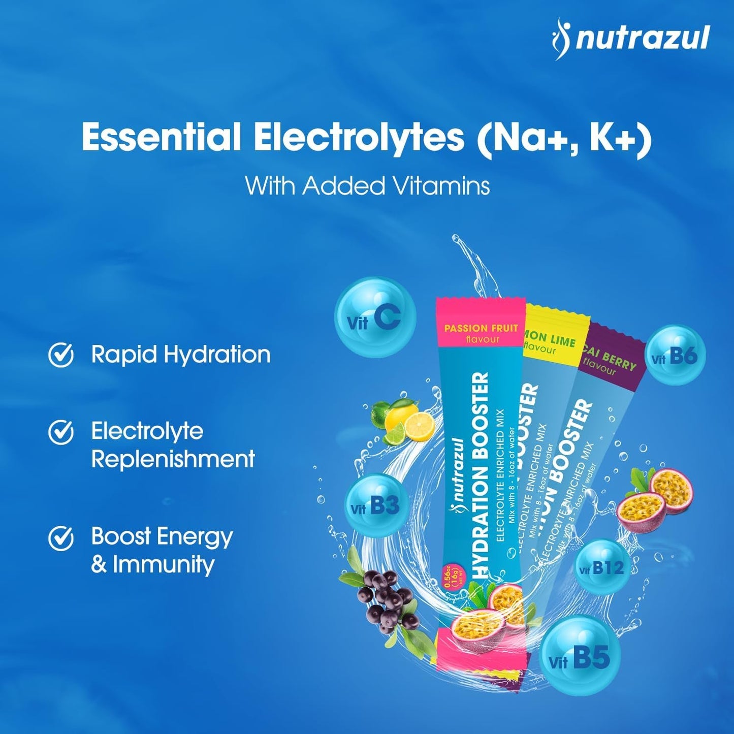 Nutrazul Hydration Booster | Supports Rapid Hydration | Electrolyte Enriched Mix | No Artificial Sweeteners | Acai Berry Flavour| Vegan, Gluten-Free, Non-GMO | 90 Sticks