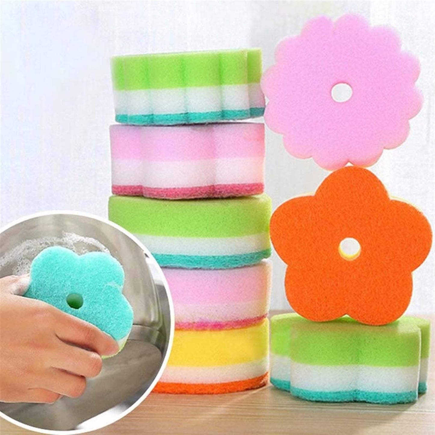 QTANZIQI Floral Home Cleaning Essential: Spugna per piatti a forma di fiore su entrambi i lati in vari colori
