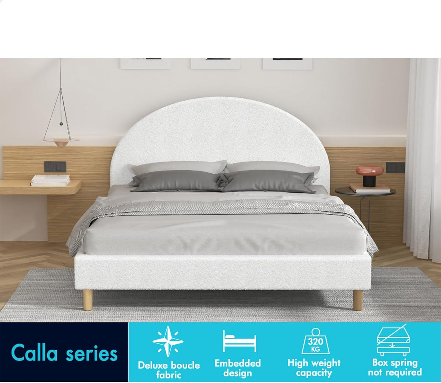 ALFORDSON Bed Frame Base Double Size with Boucle Fabric Upholstery, Bed Platform Foundation with Headboard for Mattress Topper, Calla Boucle White