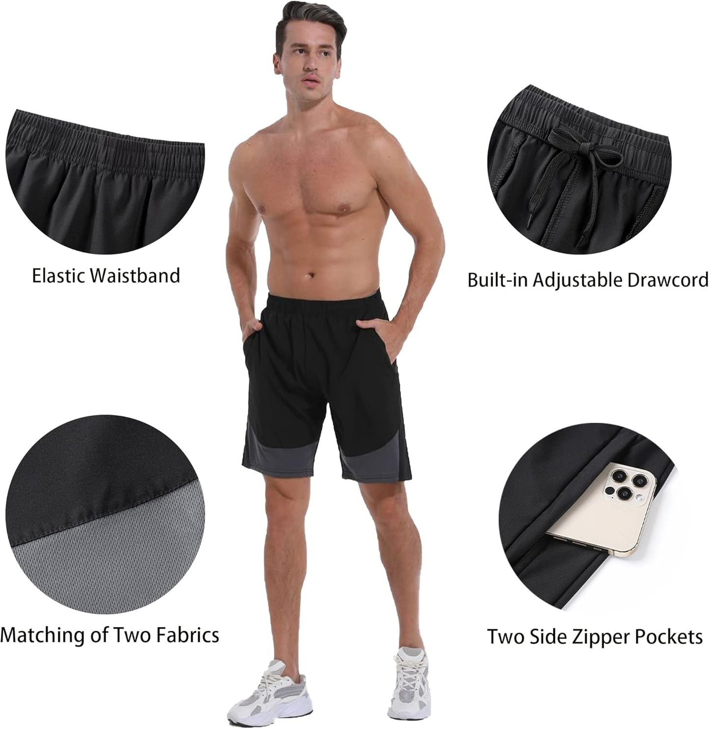 HRUI Men's Athletic Shorts - Quick Dry, Lightweight, Gym Running Workout Shorts with Zipper Pockets - Grey, Large, Regular, Low Rise, Cotton, Solid, Alpha, AU