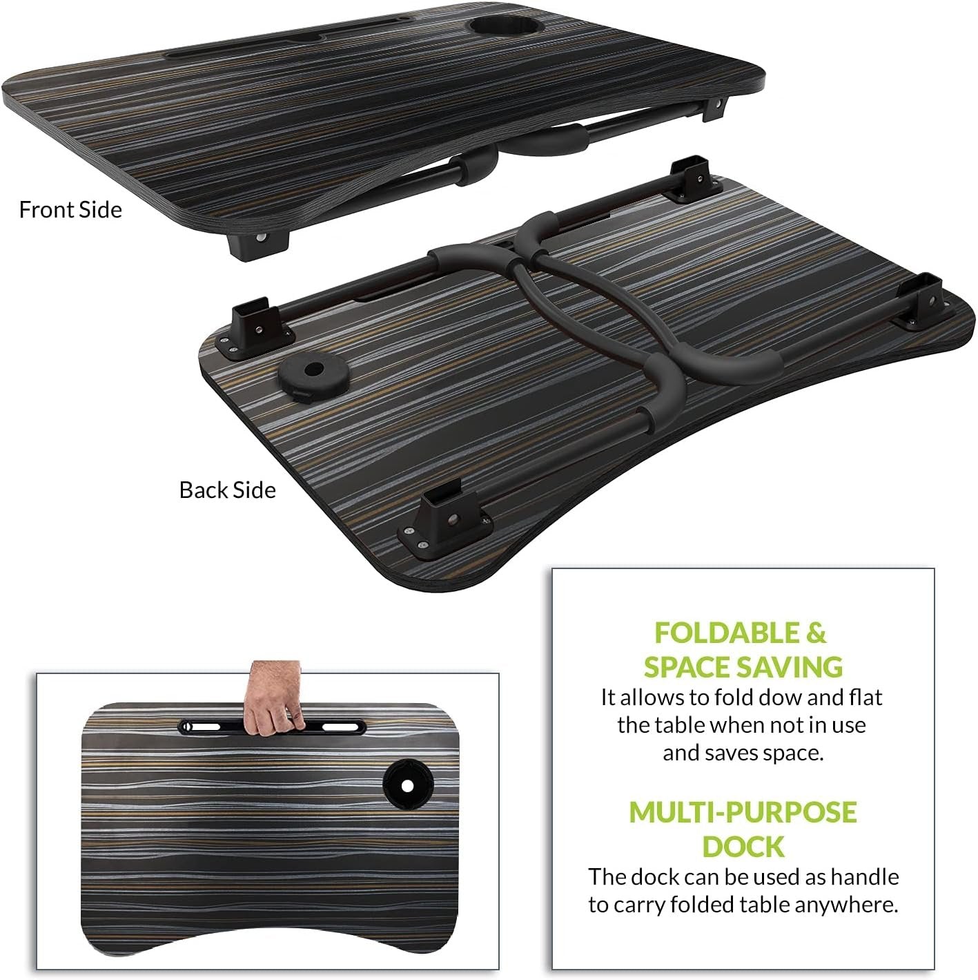 Gizga Essentials Foldable Laptop and Study Table for Student and Kids with Cup, Tablet and Mac Holder |Office Table | Bed Table| Breakfast Table, Portable/Ergonomic & Round Edges/Non-Slip Legs, Black