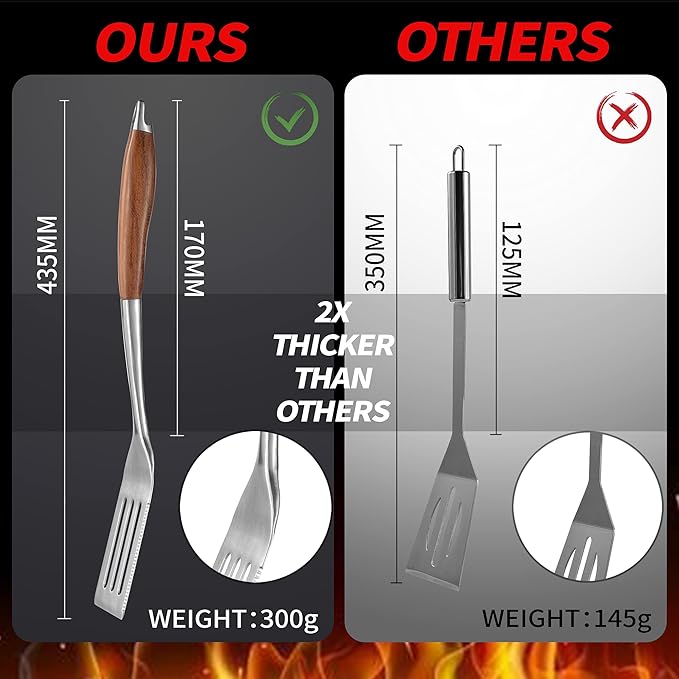 Heavy-Duty Rose Wooden BBQ Grilling Tools Set. Extra Thick Stainless Steel Multi-Function Spatula, Fork & Tongs | Essential Accessories for Barbecue & Grill. Ideal Gift for Fatherโฆ