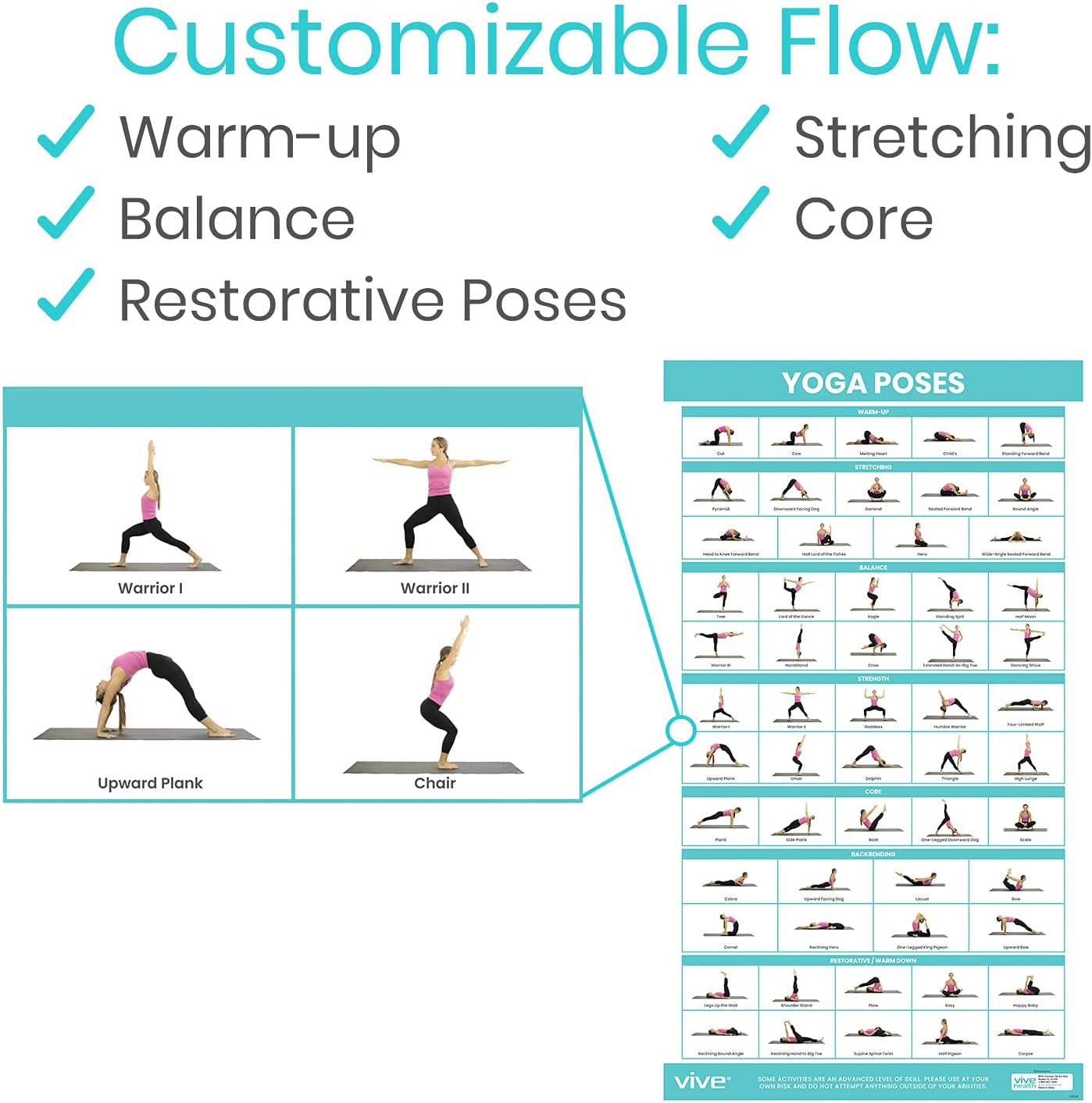 Vive Yoga Poster - Poses for Beginners and Experts - Mat Exercise Home Gym Workout Accessories Set- Double Sided Laminated Flow Chart Accessory - Instructional Guided Routine - for Women, Men
