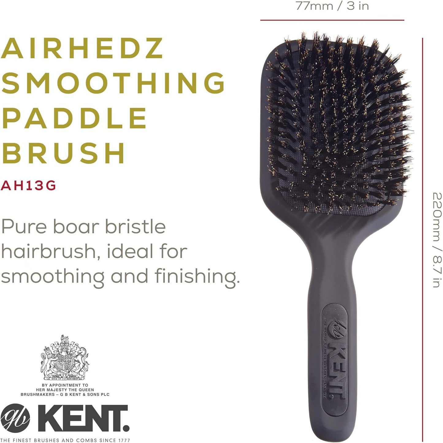 (Medium, Graphite Grey) - Kent AirHedz Pro Medium Pure Bristle Paddle Brush Graphite Grey