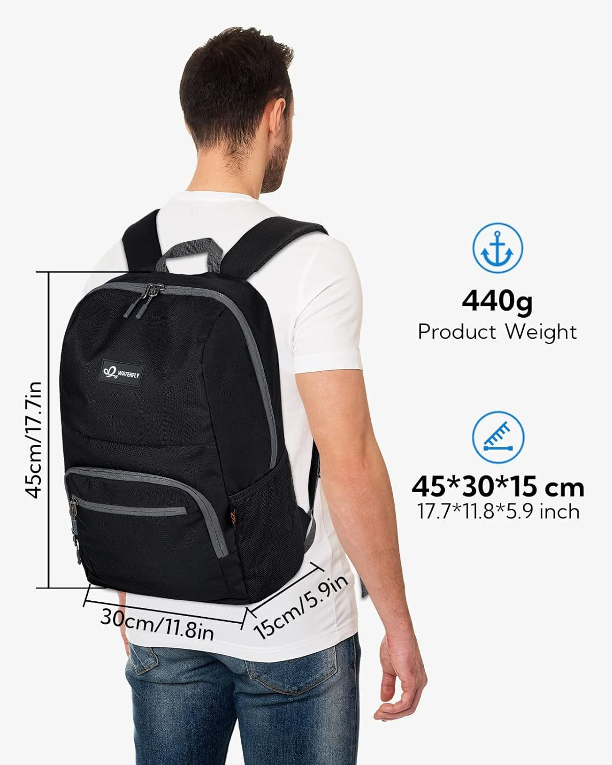 WATERFLY Casual Daypack Lightweight Backpack: 25L Padded Outdoor Day Trip Backpack for Man Woman, Black, Travel Backpacks