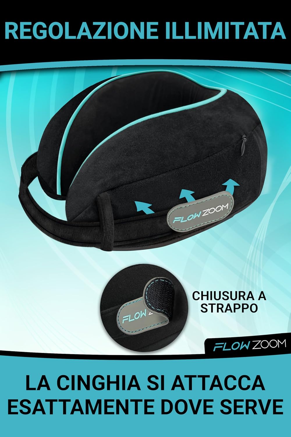 FLOWZOOM Dream Memory Foam Travel Neck Pillow - Airplane & Car Pillow, Adjustable with Raised Sides for Extra Support, Velvety Washable Lining and Mesh Bag - Black