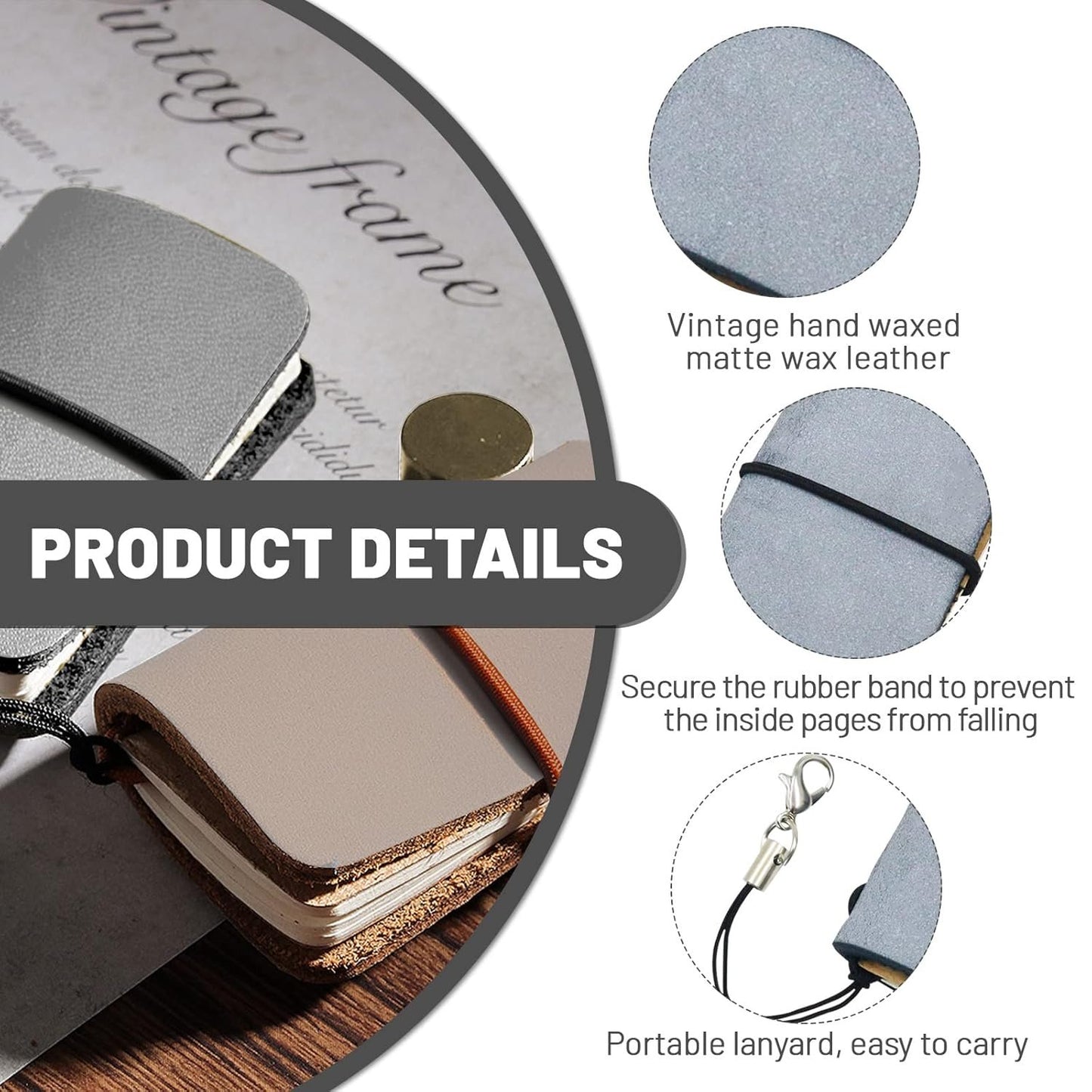Pack of 2 Miniature Travelers Notebook 4.8x3.2cm(1.9’’x1.3’’), Handmade Tiny Leather Travels Notebook, Vintage Mini Notebook Diary Journal, Pocket Diary (Misty Black+Misty Brown)