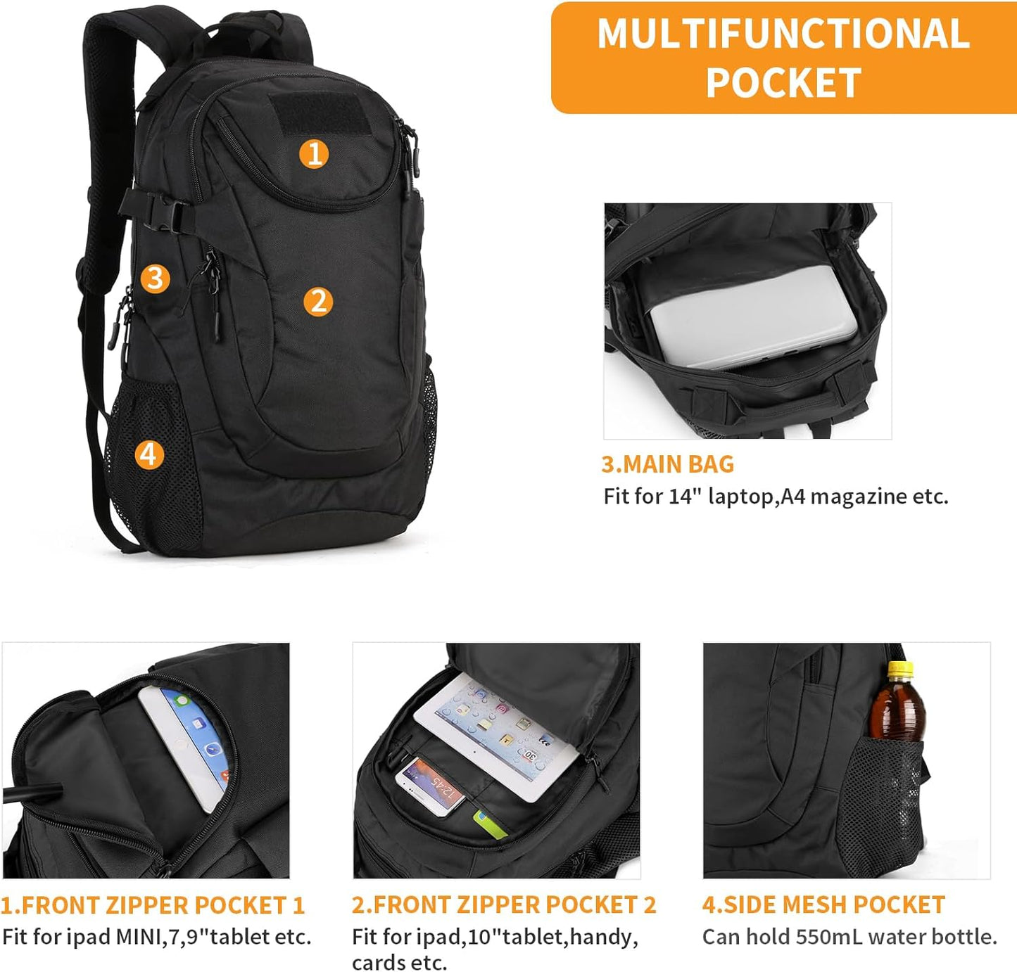 HUNTVP Zaino Sportivo 25L, Zainetto Militare Tattico Molle per Campeggio Alpinismo Escursionismo Ciclismo Viaggio Trekking Sport