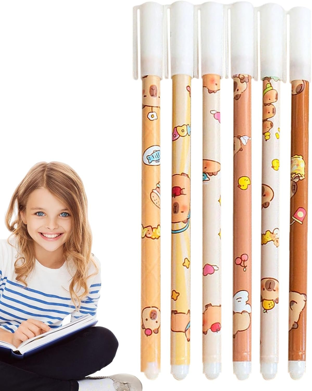 Erasable Pens,Set Of 6 Capybara Pattern Colorful Gel Pens | With Eraser, Fade-Resistant, Comfort-Grip Stationery Set For Art Sketching School Assignments