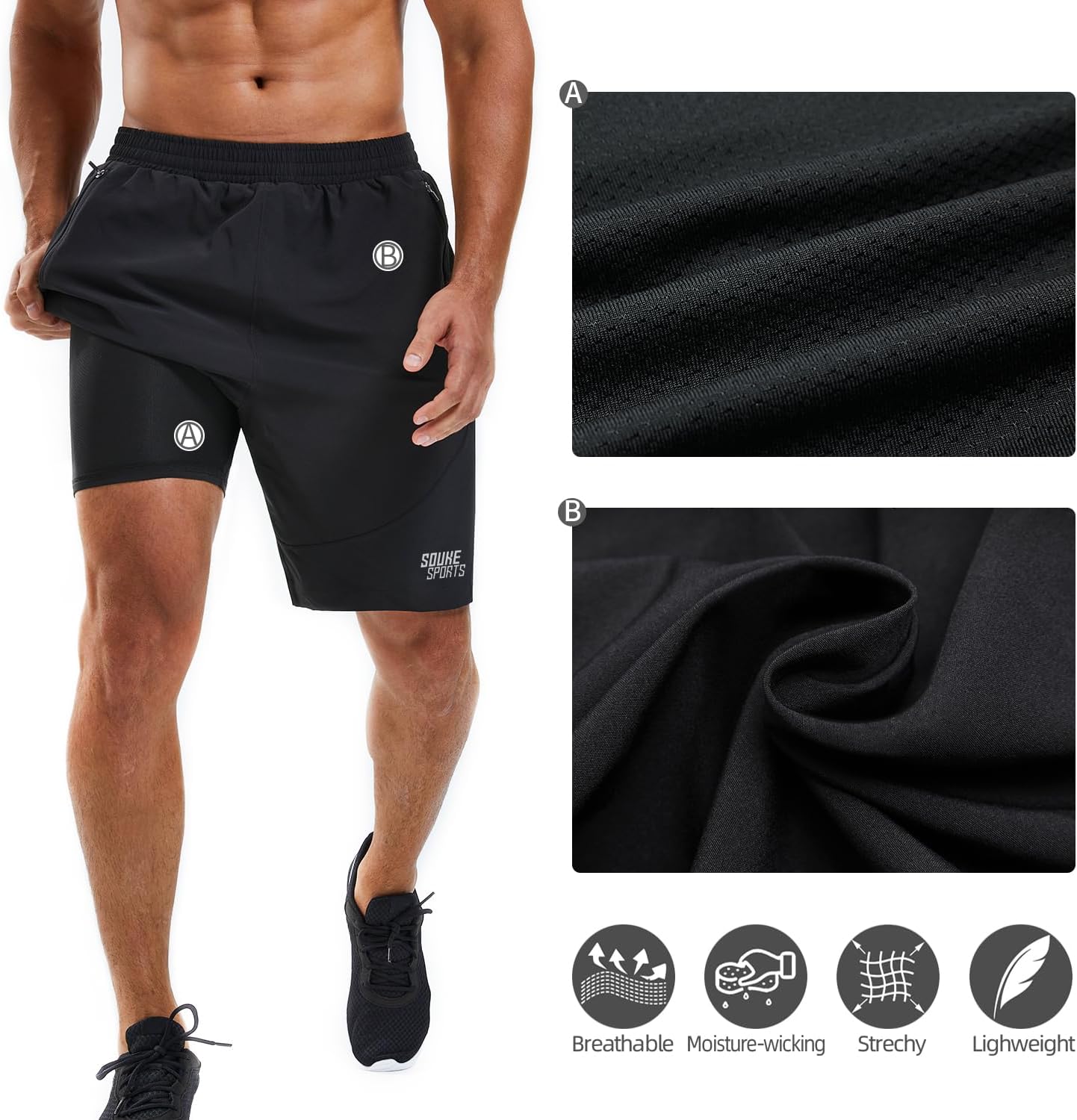 Souke Sports Men's Workout Running Shorts Quick Dry Athletic Performance Shorts Black Liner Zip Pockets
