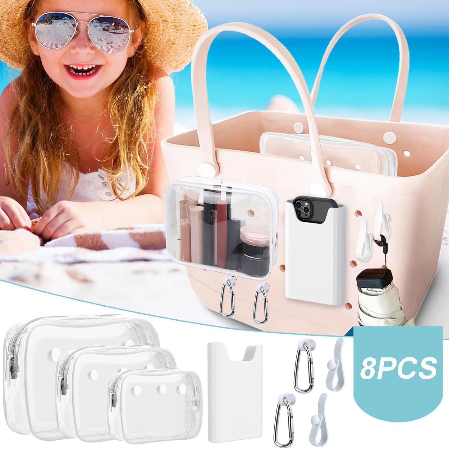 3 Pcs Clear Bogg Beach Tote Bag with 4 Pcs Insert Hooks and 1 Phone Holder Accessories for Bogg Bags Travel Makeup Clean Toiletry Brush Organizer Cosmetic Divider Storage Inner Pouch (White set of 4)