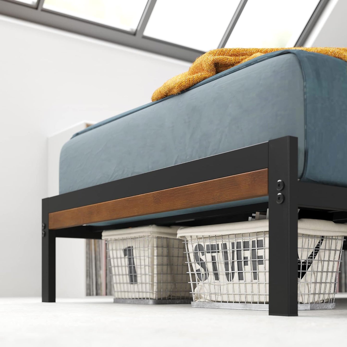 Zinus Kai Bamboo and Metal Bed Frame Hybrid Platform Base with Footboard - King Single