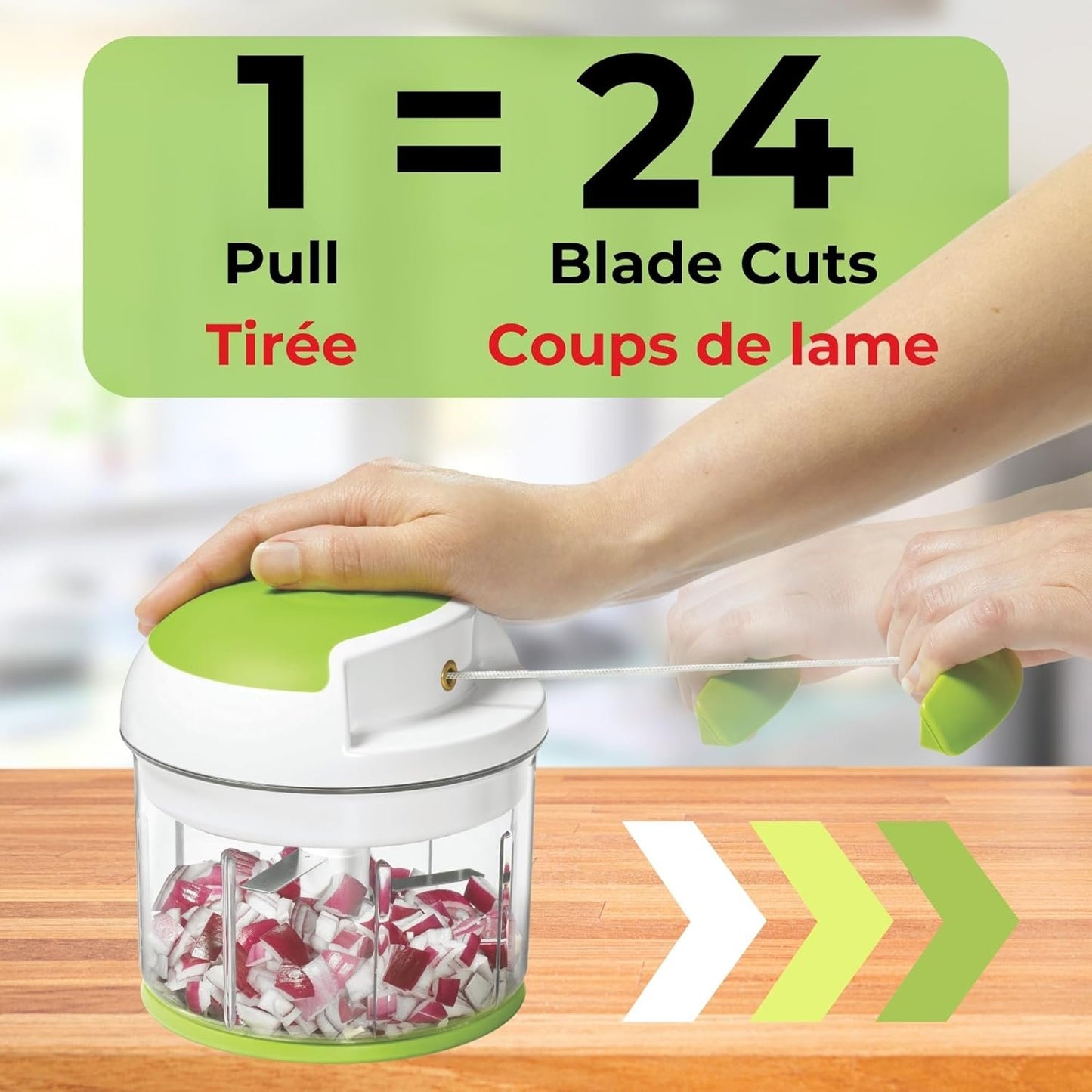 Starfrit Pull Chopper - Multi Purpose Manual Food Processor - Three Blade System for a Faster Cut - From Large Chunks to Purée - Self-Retracting Cord - Fruits, Vegetables, Meats and Crushes Ice