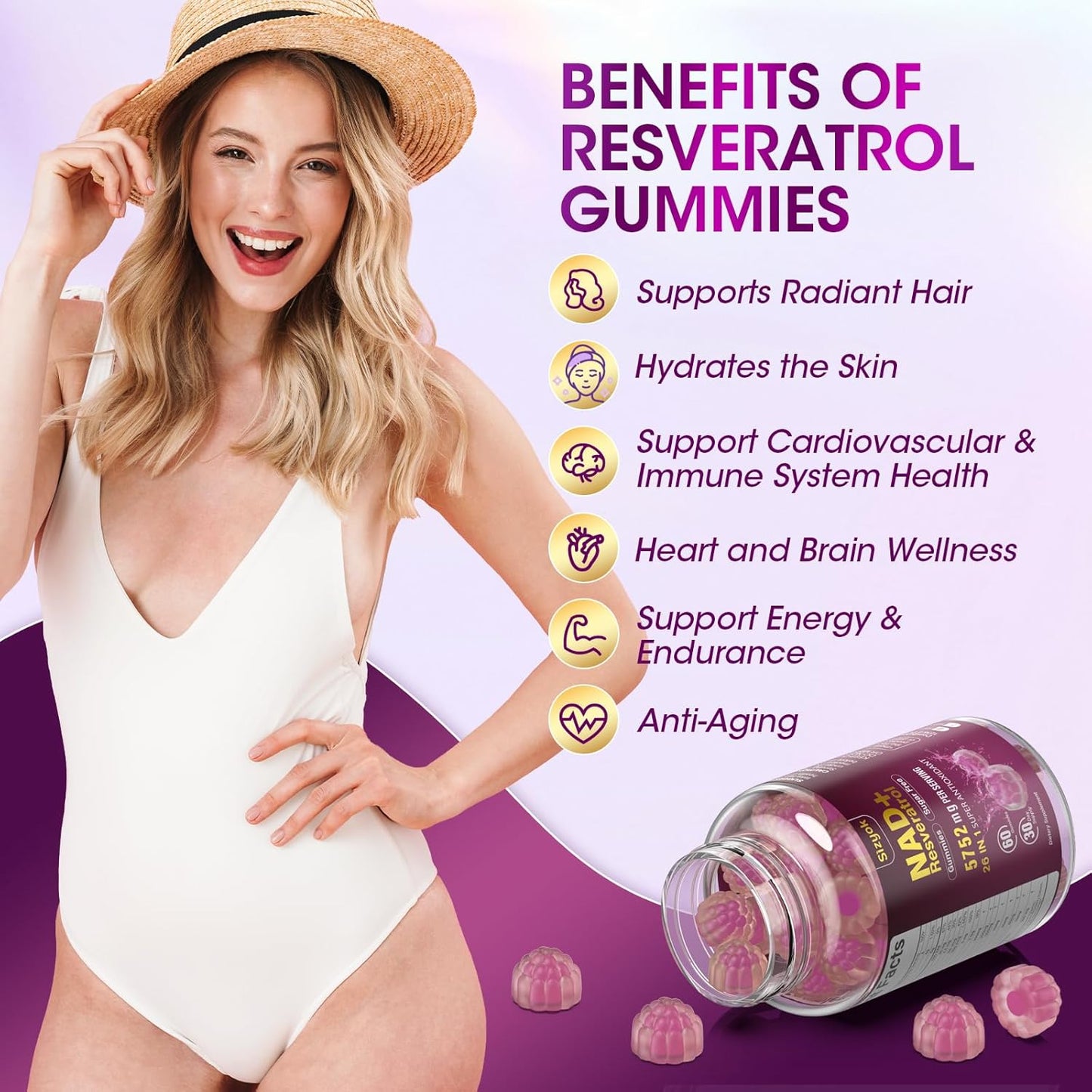 NAD Resveratrol Gummies - NAD Supplements for Women with Hydrolyzed Collagen, Grape Seed, D-Biotin Support Antioxidant, Anti-Aging, Skin, Joint, Brain Wellness, Sugar Free 60 Gummies,90