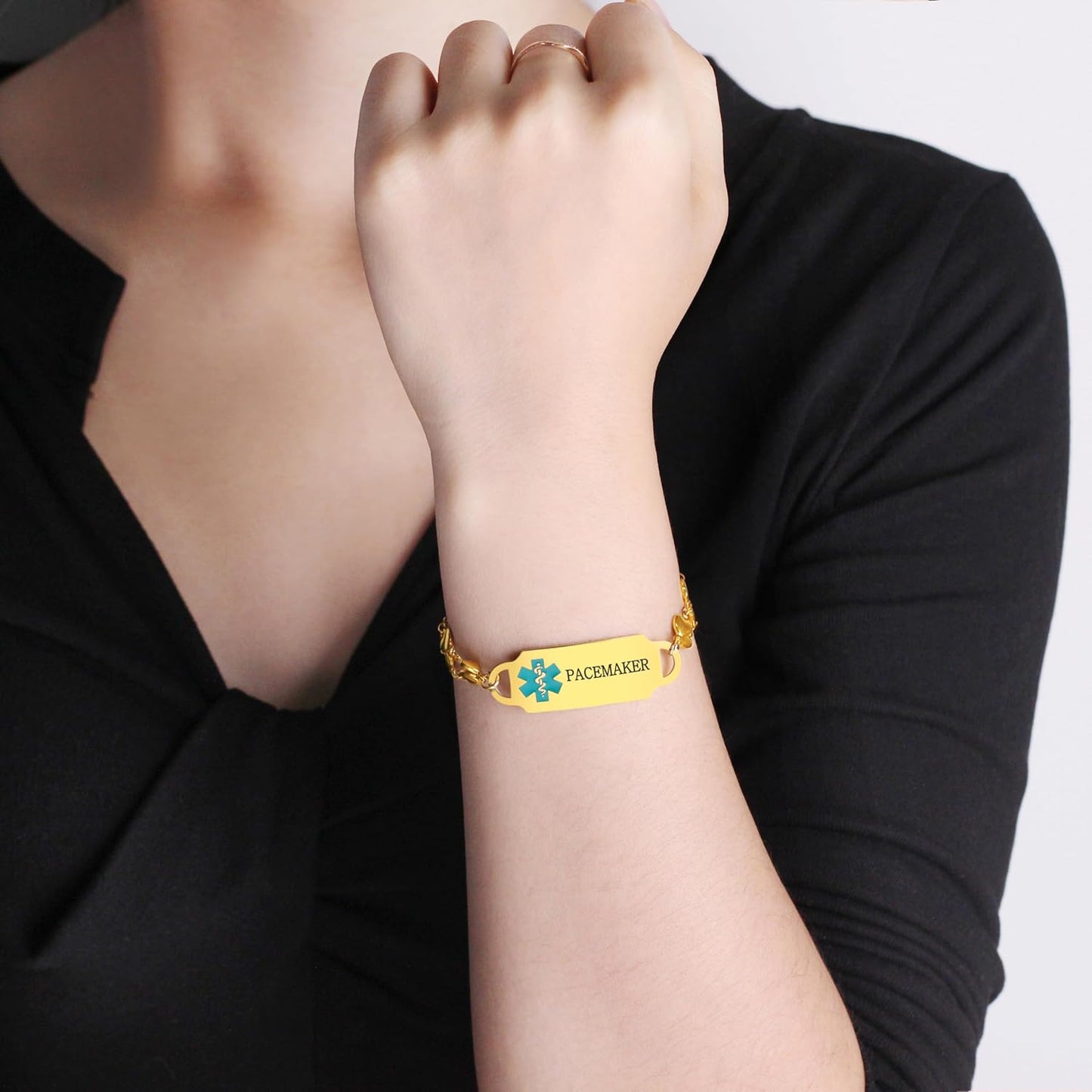 JunyiDIY Women’s Medical Alert Bracelet, Double Layer Adjustable Health Safety ID Gold Plated Stainless Steel Medical Emergency Bracelets Waterproof for Women YA5200