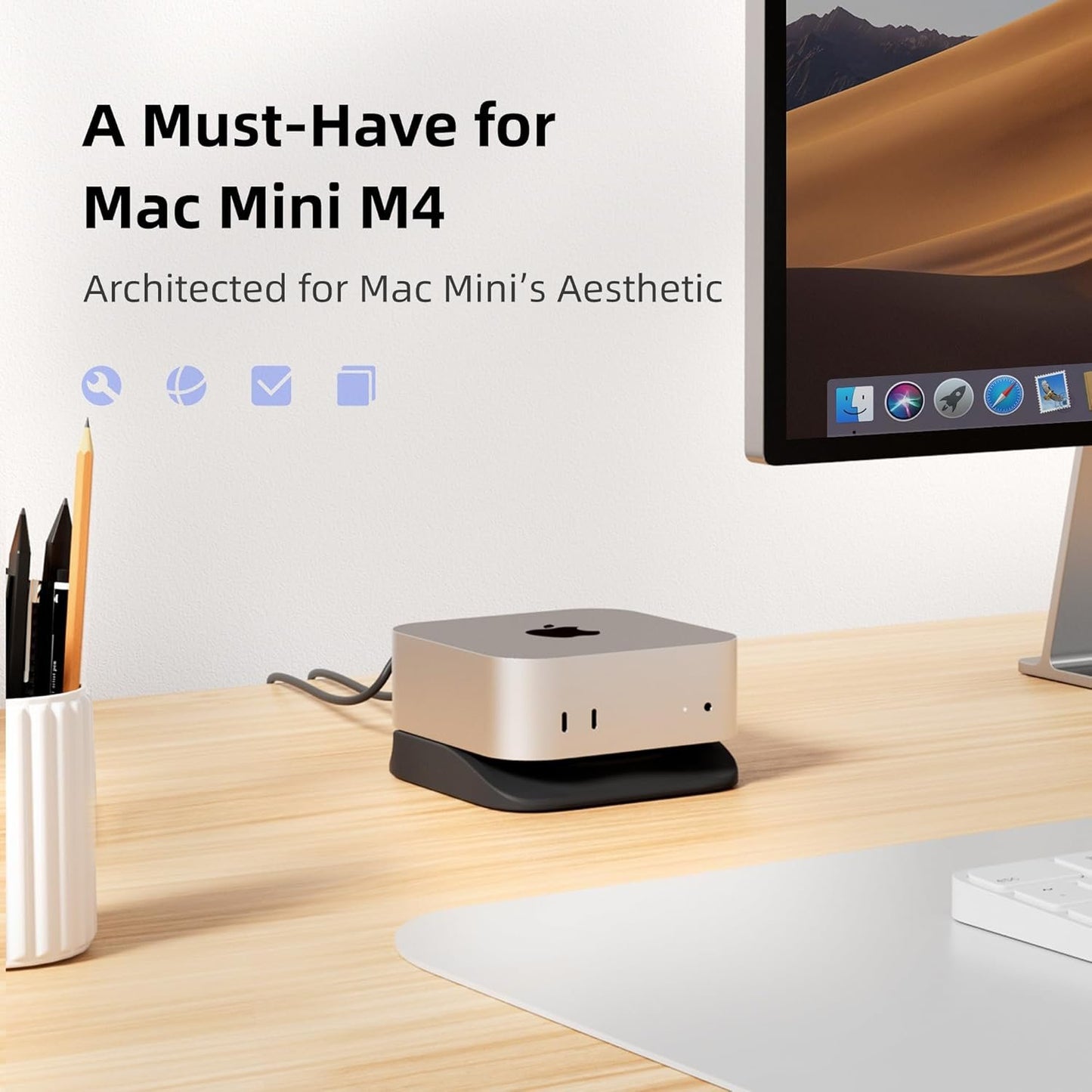 ELETIUO Desk Stand for Mac mini M4/M4 Pro 2024,Silicone Desktop Mount with Heat Dissipation,Anti-Slip Base,Easy Power Button Access,Space-Saving for Improved Cooling & Desk Organization,Black