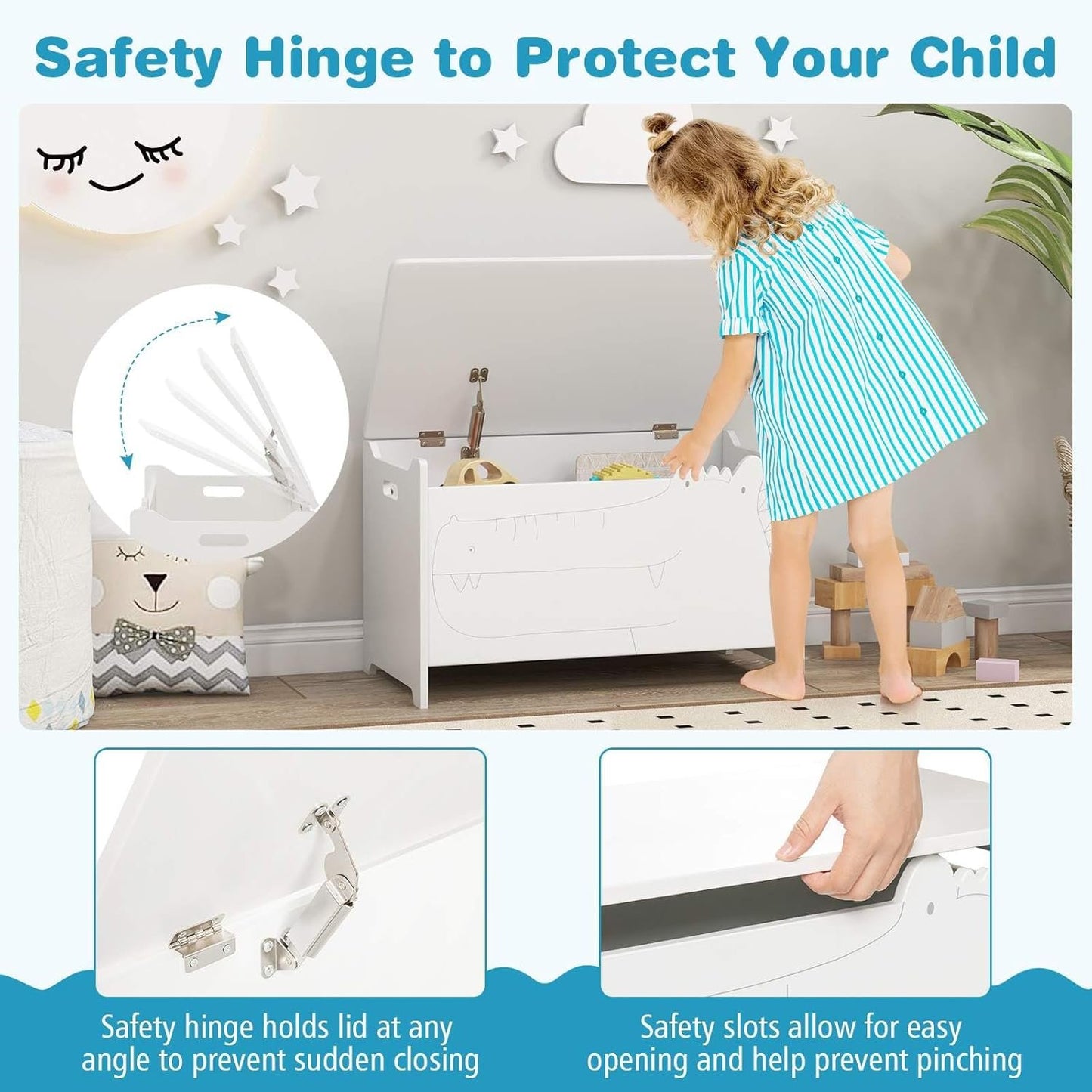HONEY JOY Kids Toy Box Storage Chest, Wooden Trunk Bench w/Safety Hinge, Children Storage Cabinet w/Handles, Flip-Top Home Organiser Toy Bench Box for Kid’s Room Playroom Bedroom Living Room (White)