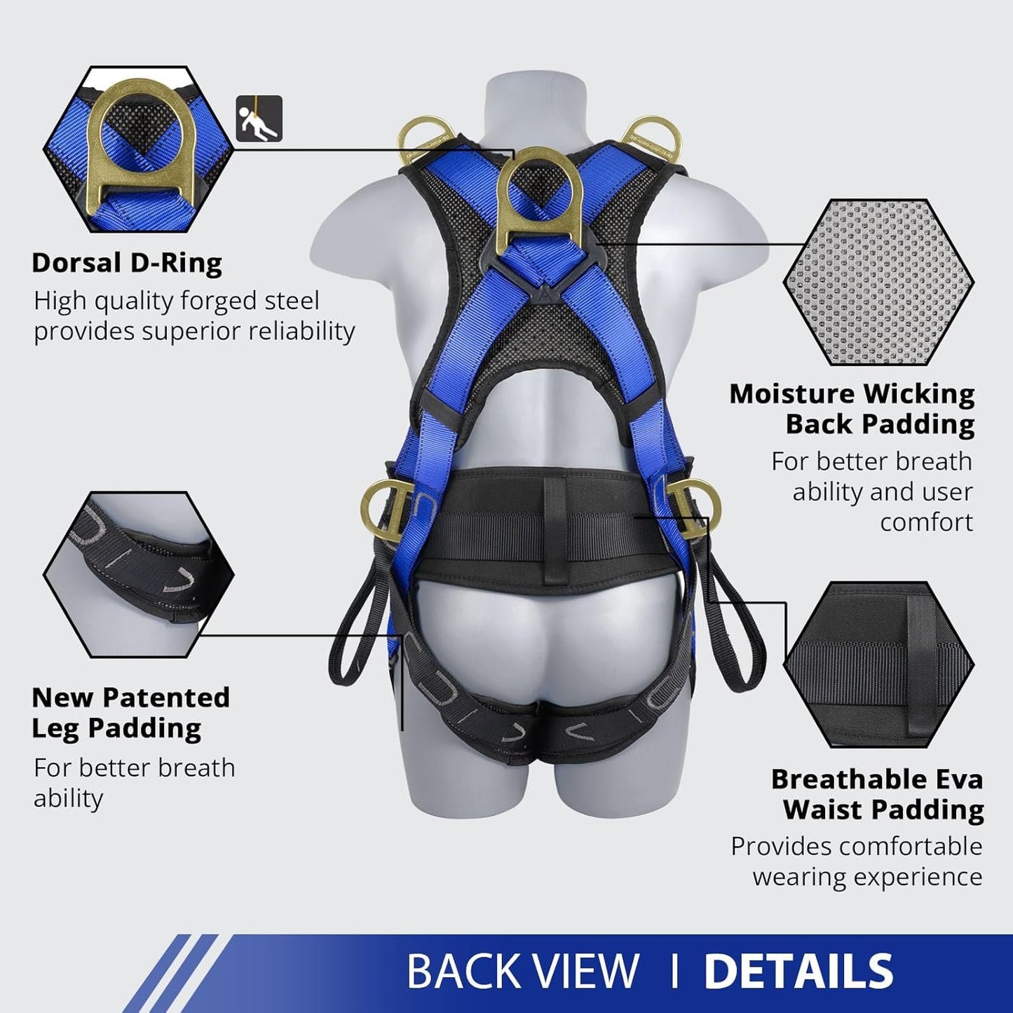 TRSMIMA Safety Harness Fall Protection - Upgrade 4 Quick Release Buckle Construction Full Body Harness with 6 Point Adjustment Dorsal D-ring