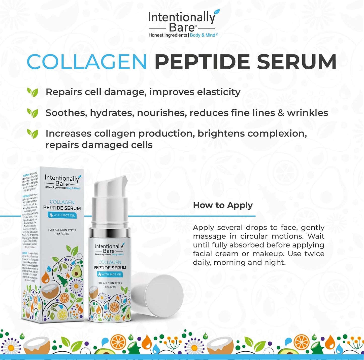 Intentionally Bare Collagen Peptide Serum with MCT Oil and Hyaluronic Acid - Keto for Your Face - Firming Brightening Anti Aging Facial Serum - Collagen Oil for Fine Lines - All Skin Types - 1oz