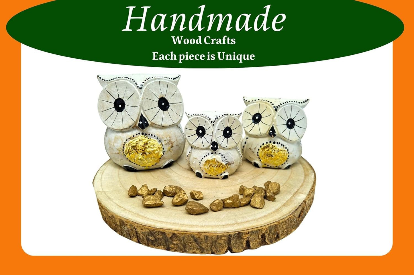 SusggO - Set of 3 Wooden Owls Decoration Hand Carved Lucky Owl Art Furniture Decoration (White Gold Details)