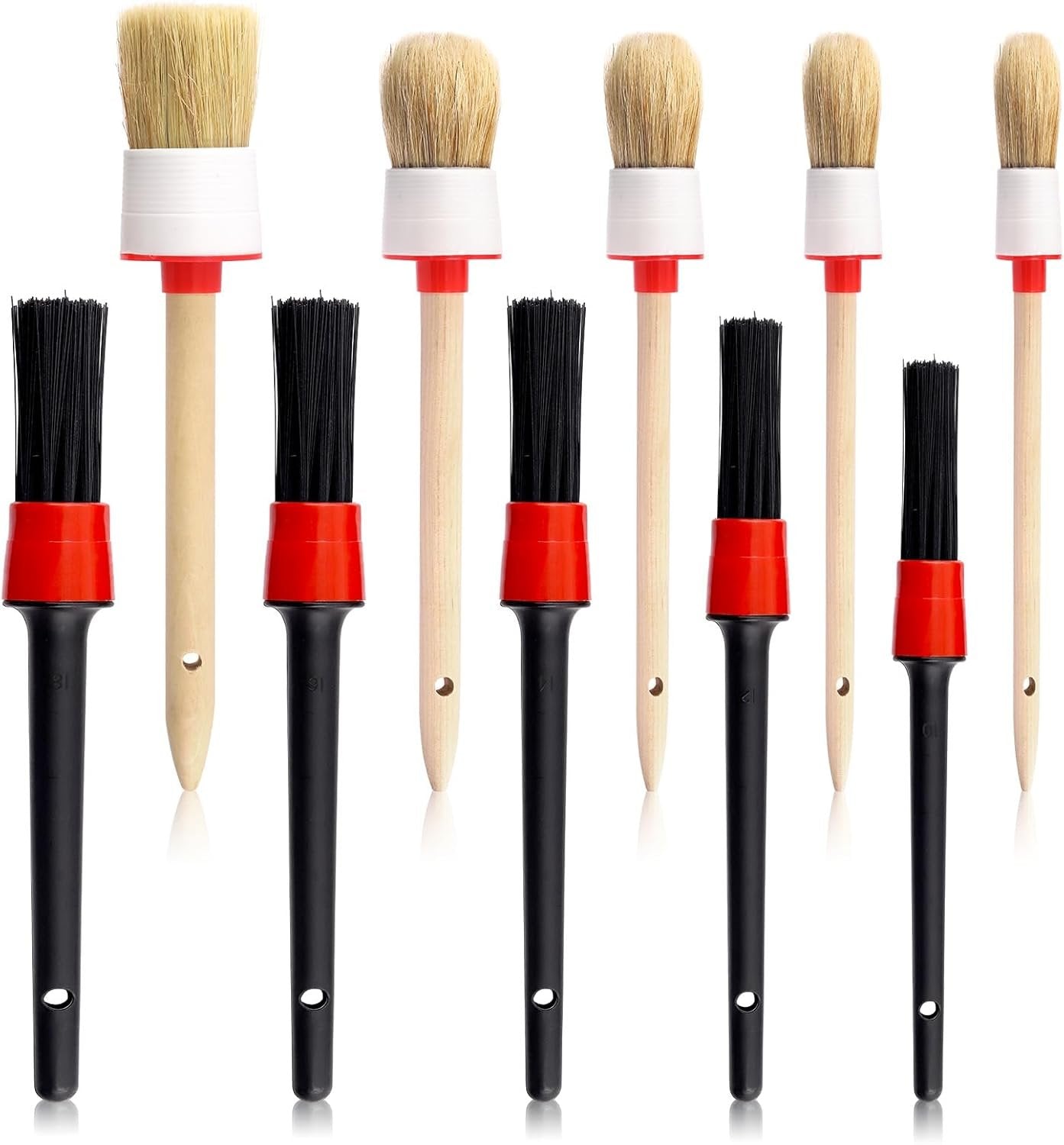 Glarks 10Pcs Car Detailing Brush Set, Natural Boar Hair Detail Brush, Automotive Wheel Cleaning Brush, Auto Interior Exterior Cleaner Brush Kit for Cleaning Wheels Engine Air Vents Emblems Dashboard