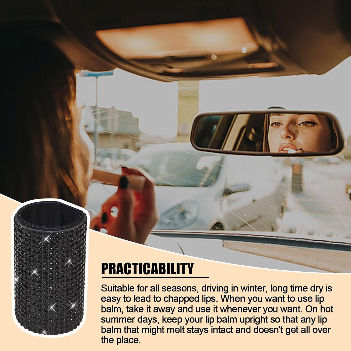 xbrtaia 1 Pack Upright Car Chapstick Holder, Bling Insulating Lip Balm Holder,Rhinestone Car Accessories for Women Interior,Suitable for Most Vehicles.(Black)