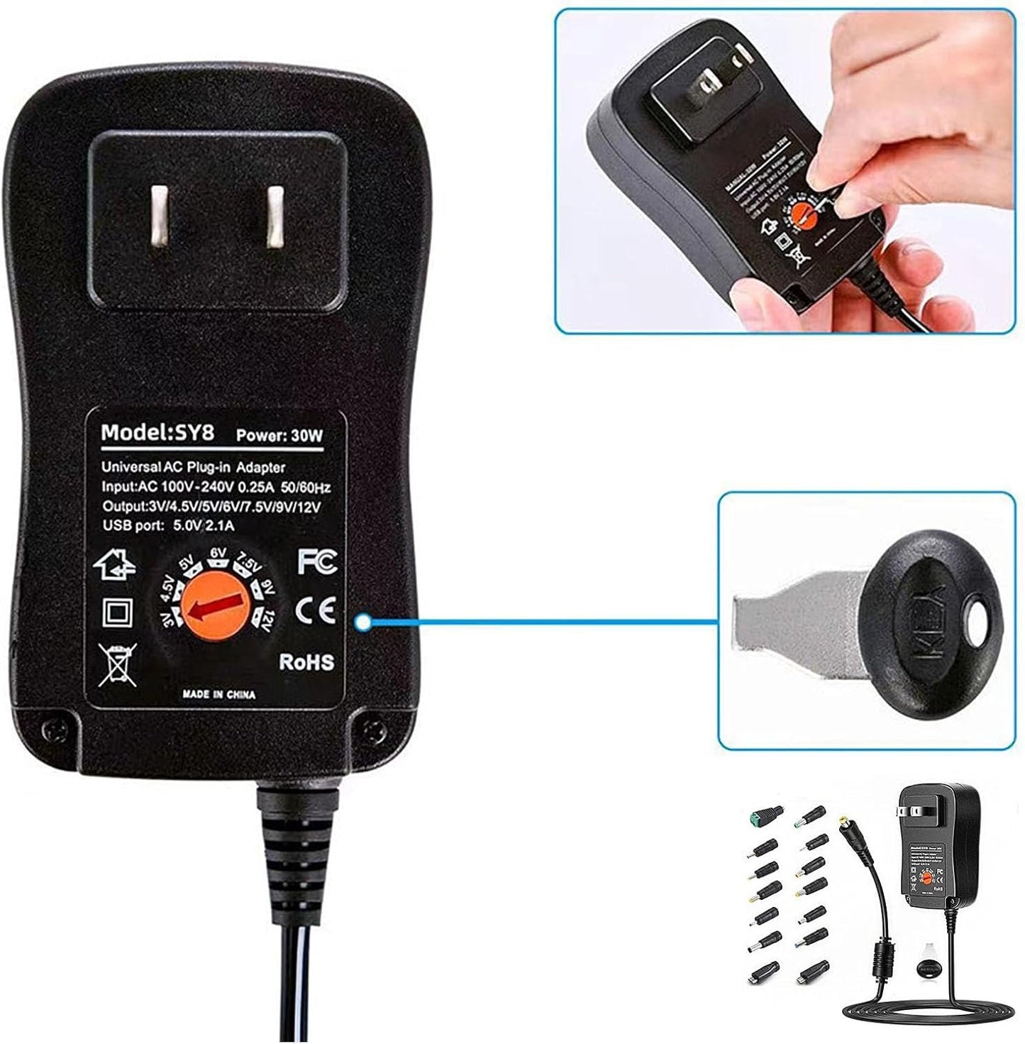 16 Pcs Universal Power Adapter, 3V 4.5V 5V 6V 7.5V 9V 12V Universal AC/DC Adapter,Ac Adapter 12V Adjustable Voltage Universal AC/DC Adapter Power Supply for Household Electronics, 30W