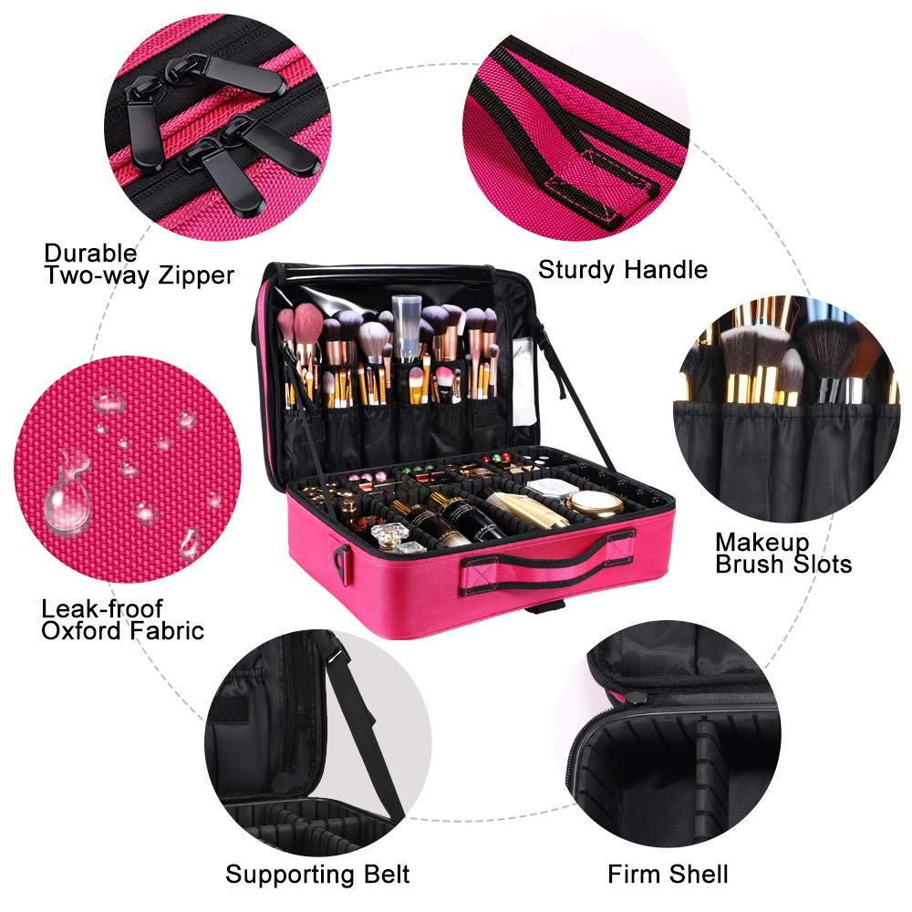 gzcz Professional Travel Makeup Case 13.5 Inches Makeup Bag Cosmetic Brush Organizer Portable Artist Storage Train Bag with Adjustable Dividers for Make Up Accessories(M-Rose Red)