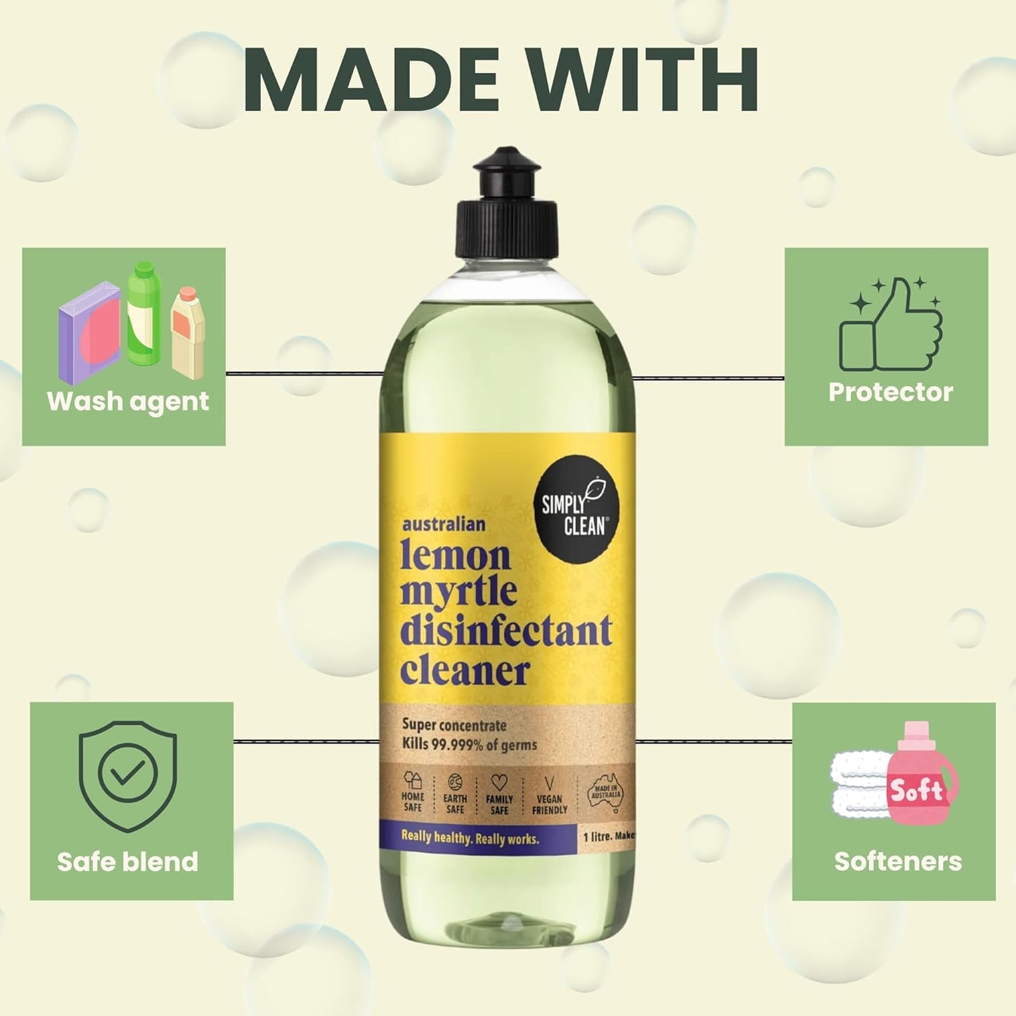 SimplyClean Lemon Myrtle Disinfectant Concentrated Cleaner - Natural Multi-Surface Cleaner with Pure Australian Lemon Myrtle Essential Oil - Makes 40 Litres - 1 Litre