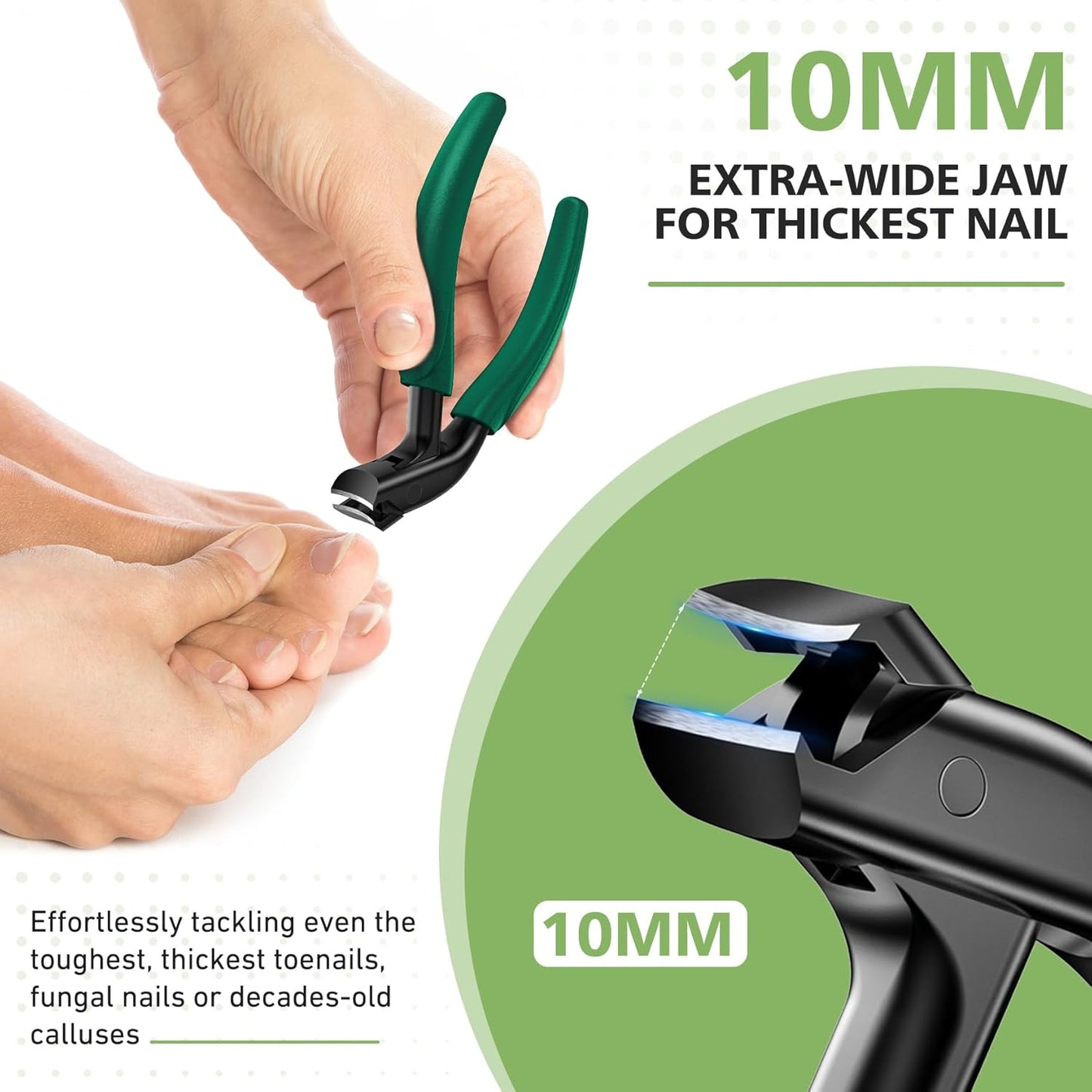 BALUCA Curved Head Toenail Clippers for Seniors for Thick Toenails, Long Handle Toe Nail Clippers with Catcher, German Stainless Steel Angled Nail Clippers with Silicone-Grip - Green