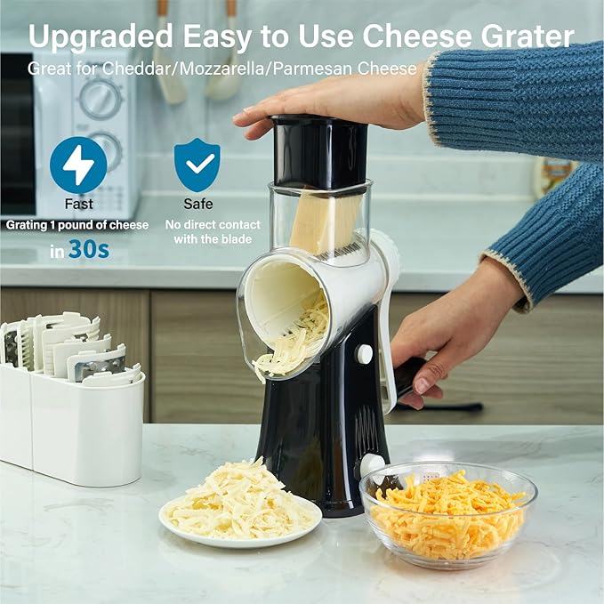 Rotary Cheese Grater Hand Crank, 5-in-1 Rotary Cheese Grater, Stronger Suction, Easy to Clean Grater for Fruit, Vegetables, Nuts, Black