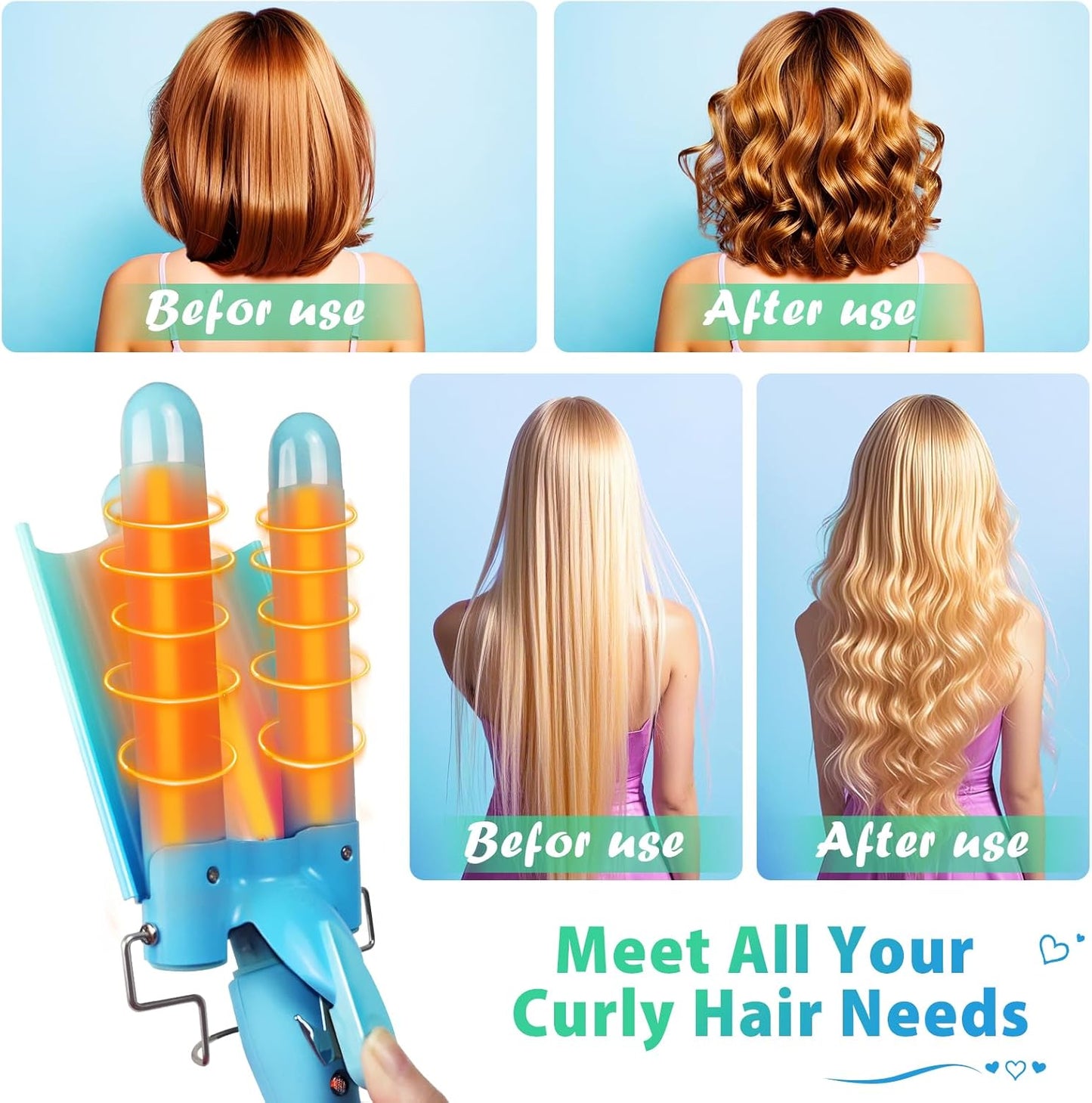 3 Barrel Curling Iron Hair Crimper: Aleath Dual Voltage Adjustable Temperature Three Barrels Hair Waver - Ceramic 1 inch Curler Wand(Blue)