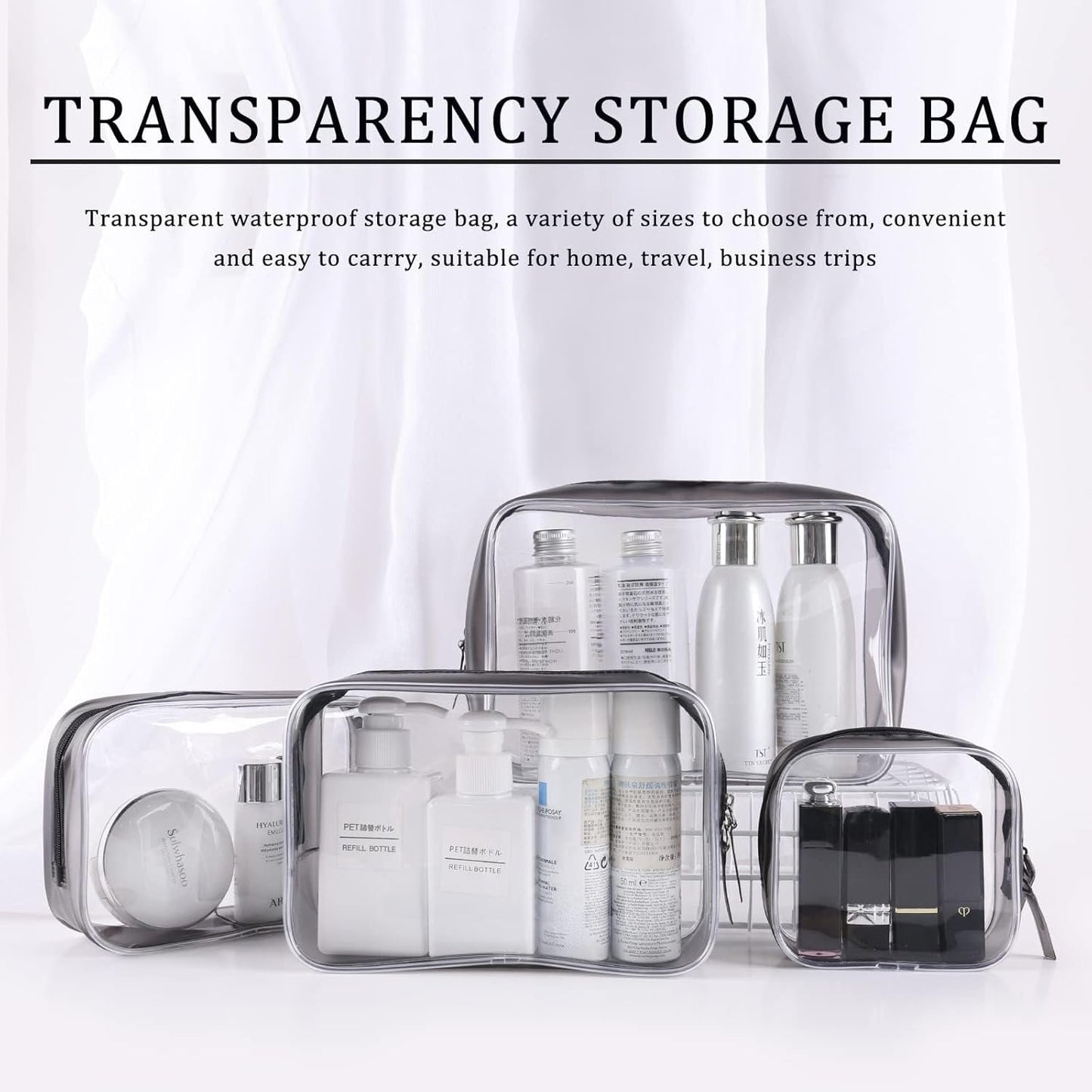 4Psc Toiletry Transparent Bag Set, Waterproof Organizer Airplane Cosmetic Storage Clear Bag for Makeup Transporting Liquids Family Travel Women Men Children