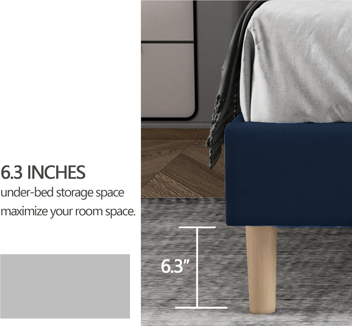 Zoophyter Upholstered Platform Bed Frame Queen Size with Headboard Mattress Foundation Strong Wooden Slats Support Easy Assembly No Box Spring Needed Blue Velvet