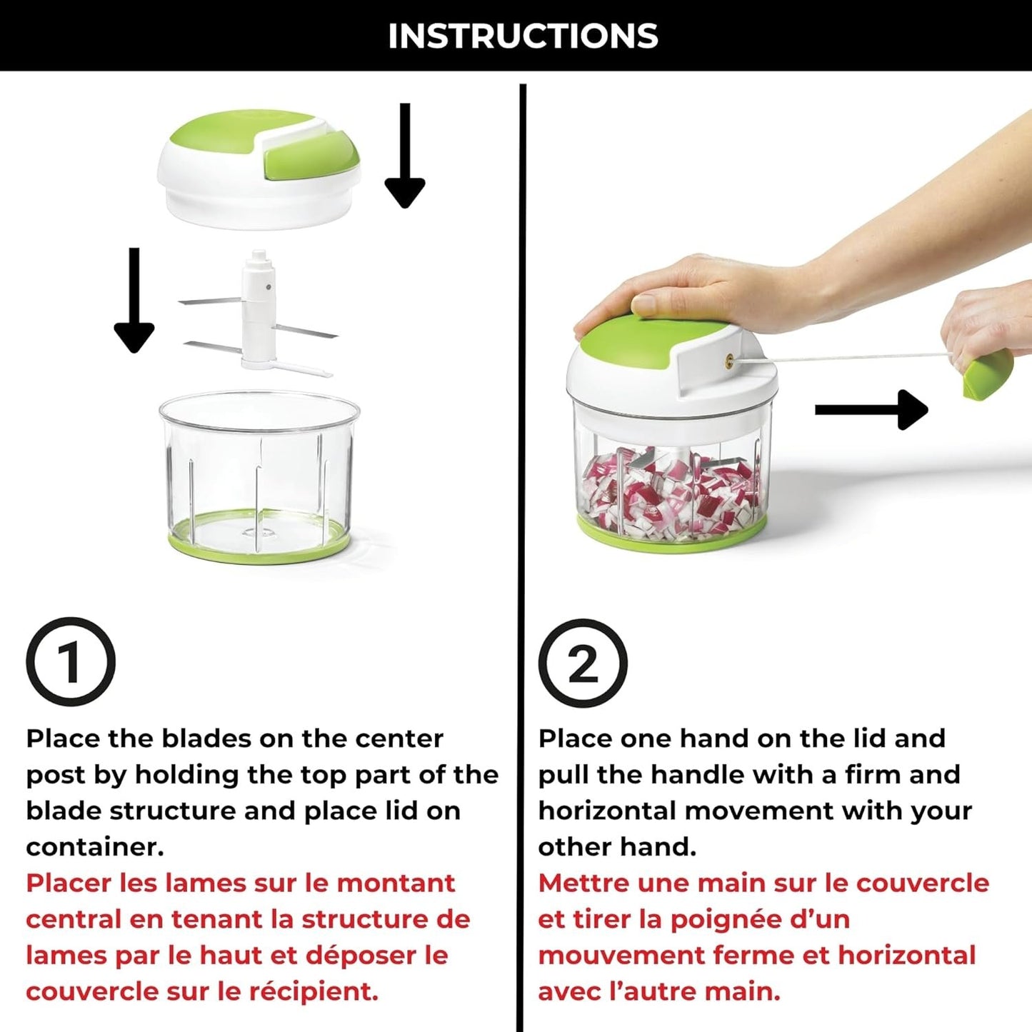 Starfrit Pull Chopper - Multi Purpose Manual Food Processor - Three Blade System for a Faster Cut - From Large Chunks to Purée - Self-Retracting Cord - Fruits, Vegetables, Meats and Crushes Ice