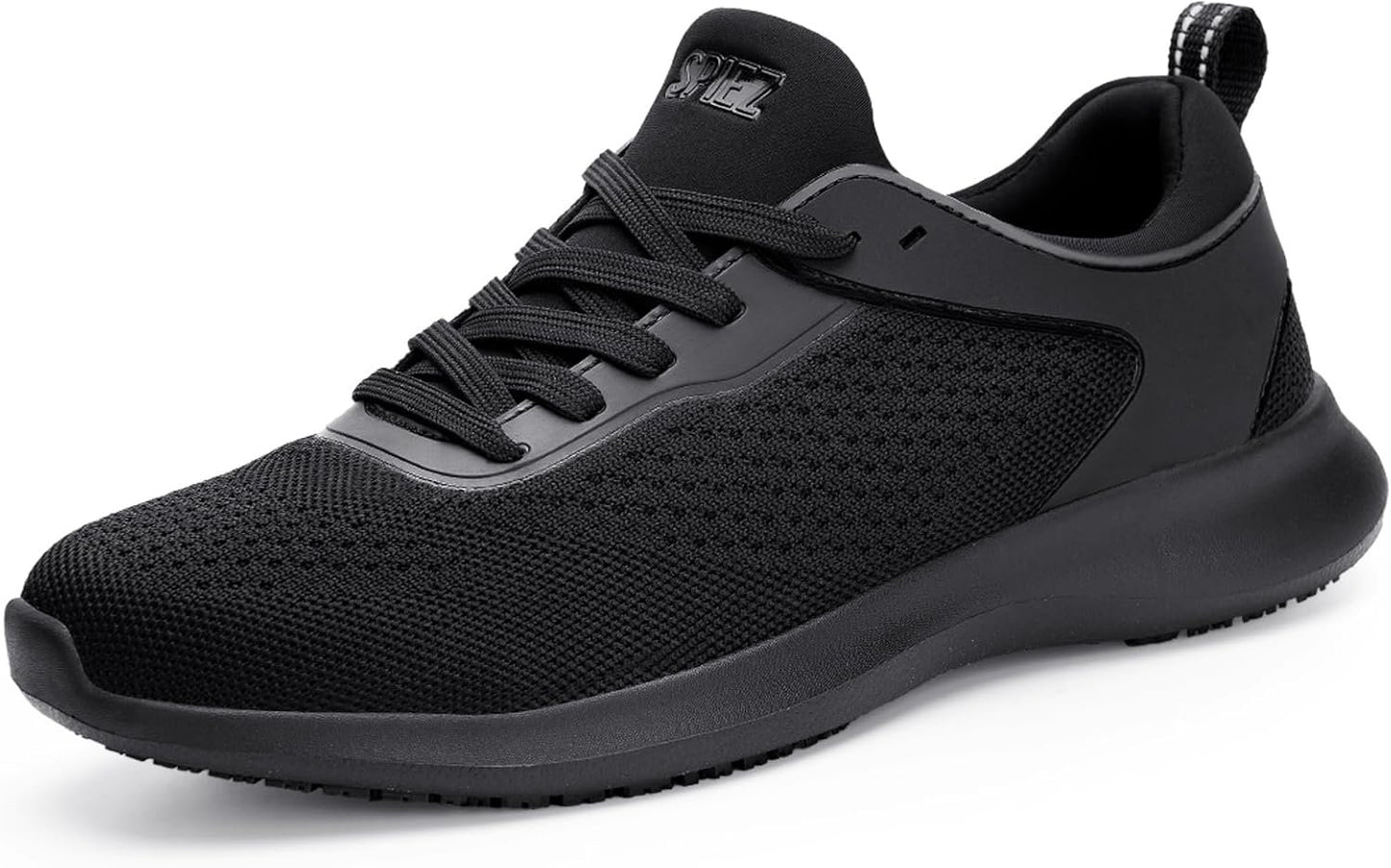 SPIEZ Mens Non Slip Shoes, SRC Slip-Resistant Certified Food Service Shoes, Lightweight Breathable Slip On Work Sneakers Black US7.5-12