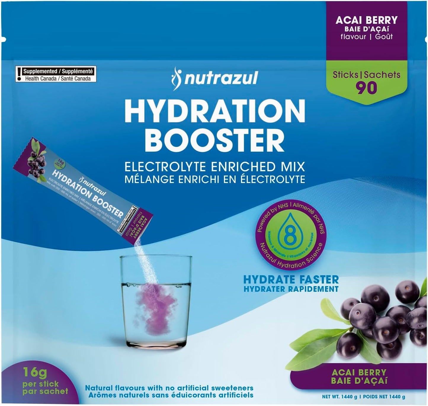Nutrazul Hydration Booster | Supports Rapid Hydration | Electrolyte Enriched Mix | No Artificial Sweeteners | Acai Berry Flavour| Vegan, Gluten-Free, Non-GMO | 90 Sticks